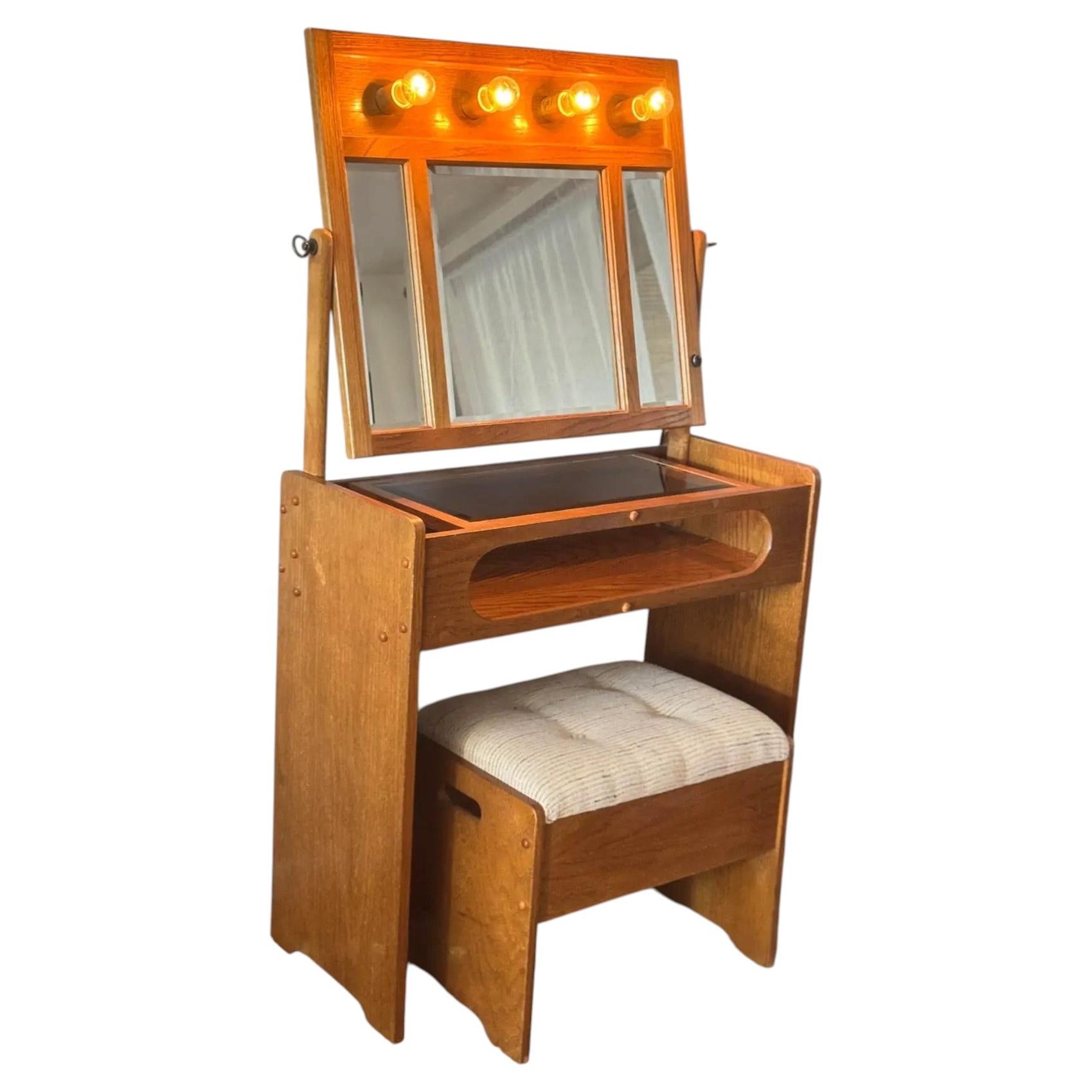 Oak Vanity Table With Lighted Adjustable Top Mirror and Upholstered Bench