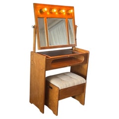 Oak Vanity Table With Lighted Adjustable Top Mirror and Upholstered Bench