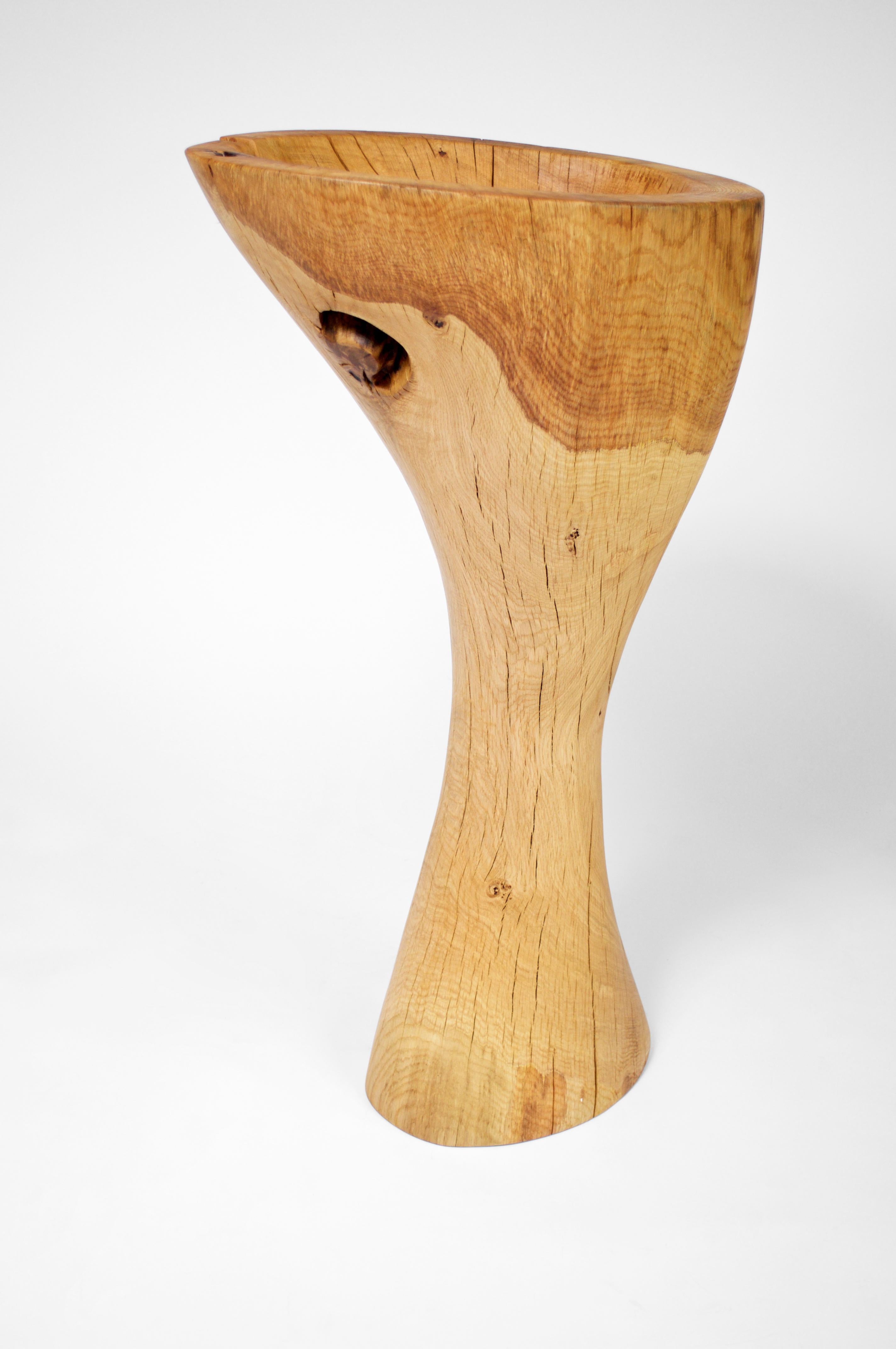Oak vessel 1245 by Jörg Pietschmann
Dimensions: D 53 x W 47 x H 104 cm 
Materials: Oak. 
Finish: Polished oil finish.


Carved out of from a curved oak trunk.
In Pietschmann’s sculptures, trees that for centuries were part of a landscape and