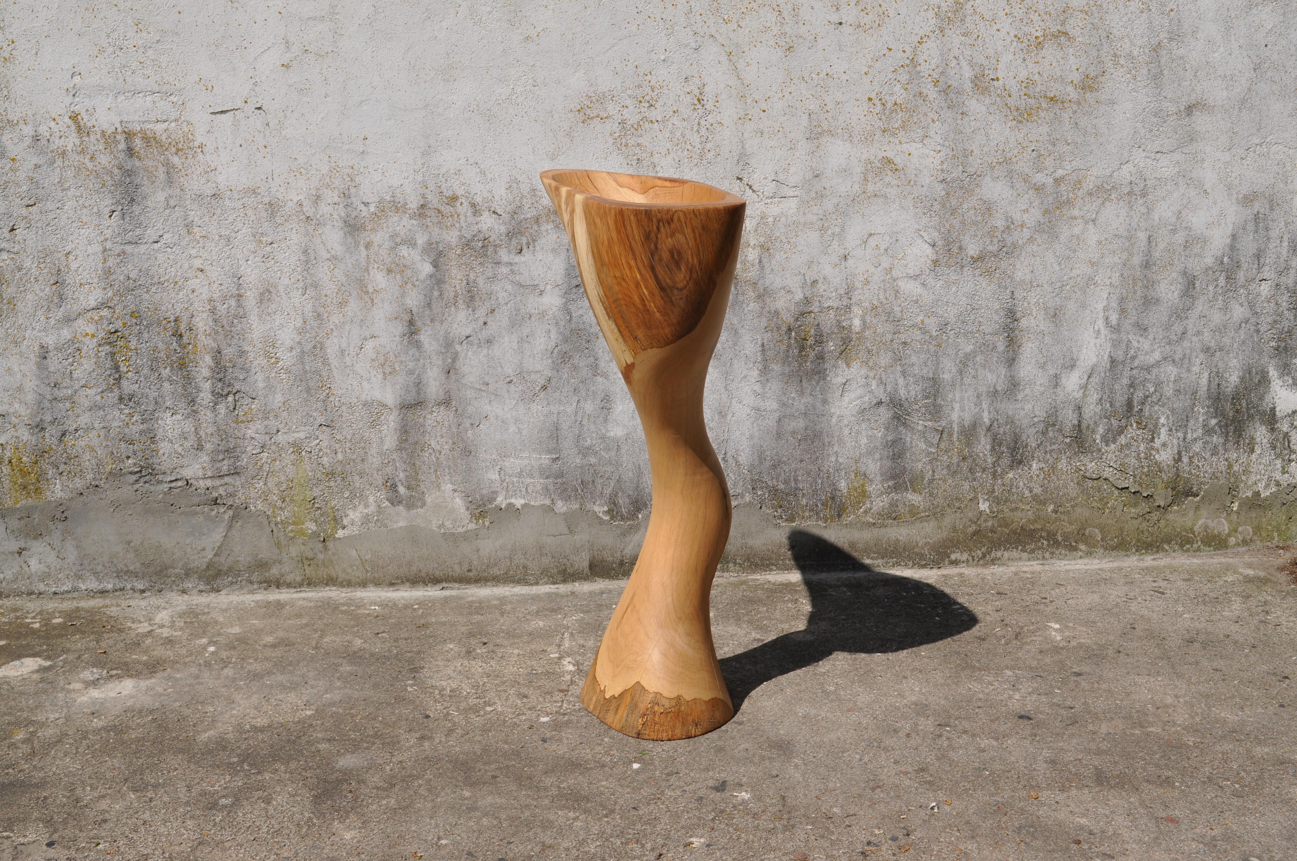 Oak vessel 1366 by Jörg Pietschmann
Dimensions: D 30 x W 61 x H 111 cm 
Materials: Oak. 
Finish: Polished oil finish.


Carved out of from a curved oak trunk.
In Pietschmann’s sculptures, trees that for centuries were part of a landscape and