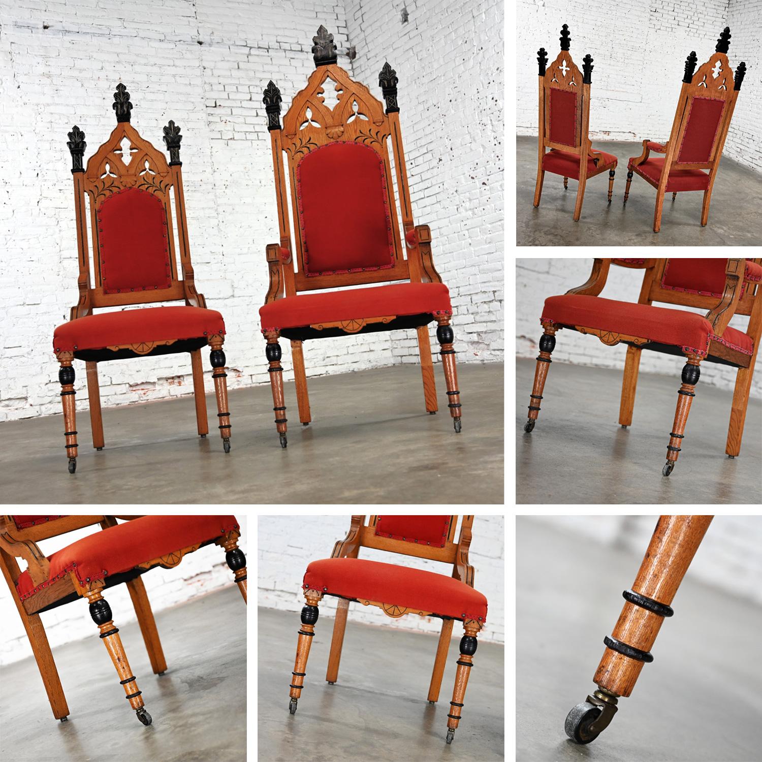 Oak Victorian or Gothic Revival Ecclesiastical His & Hers Throne Chairs a Pair For Sale 6