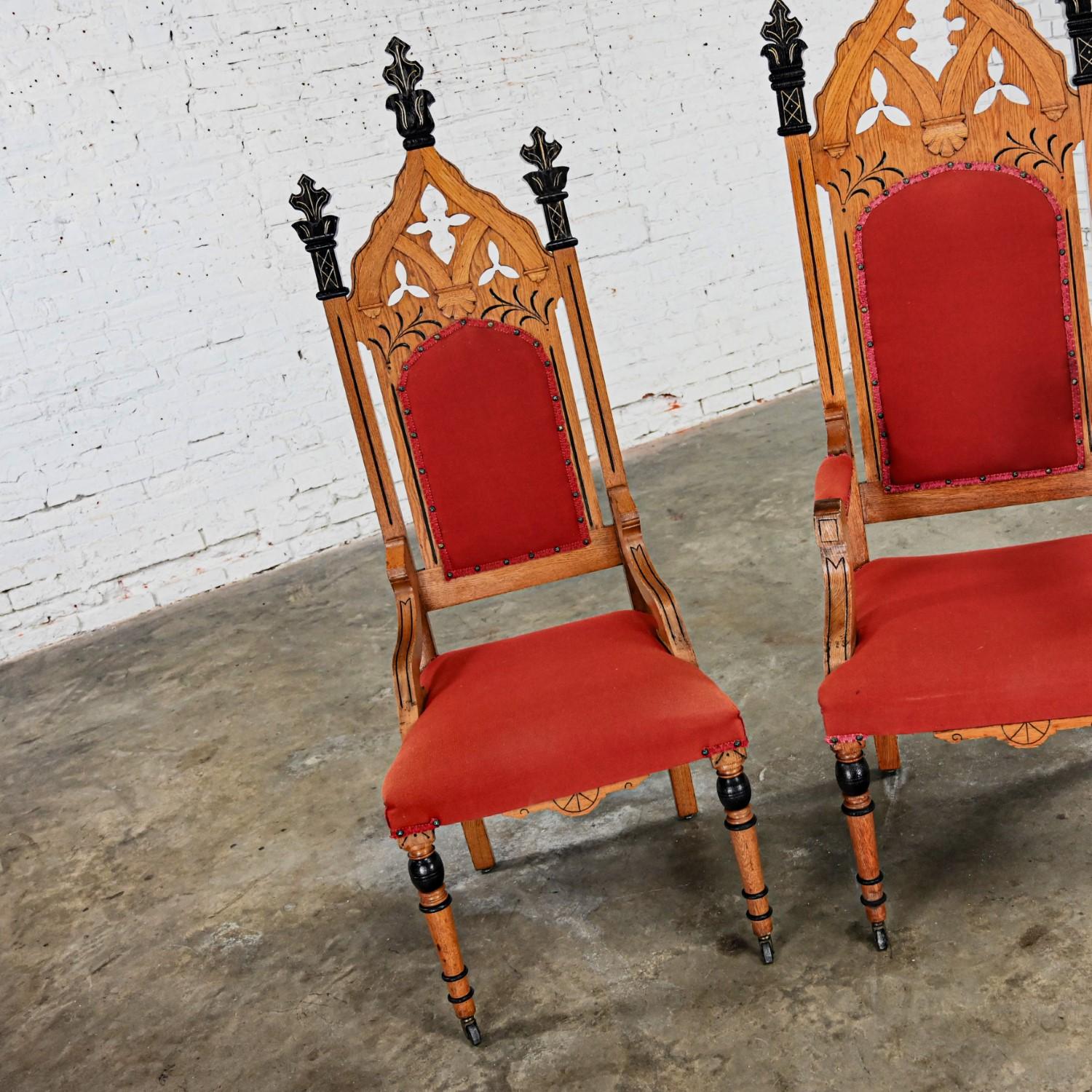 Oak Victorian or Gothic Revival Ecclesiastical His & Hers Throne Chairs a Pair For Sale 7