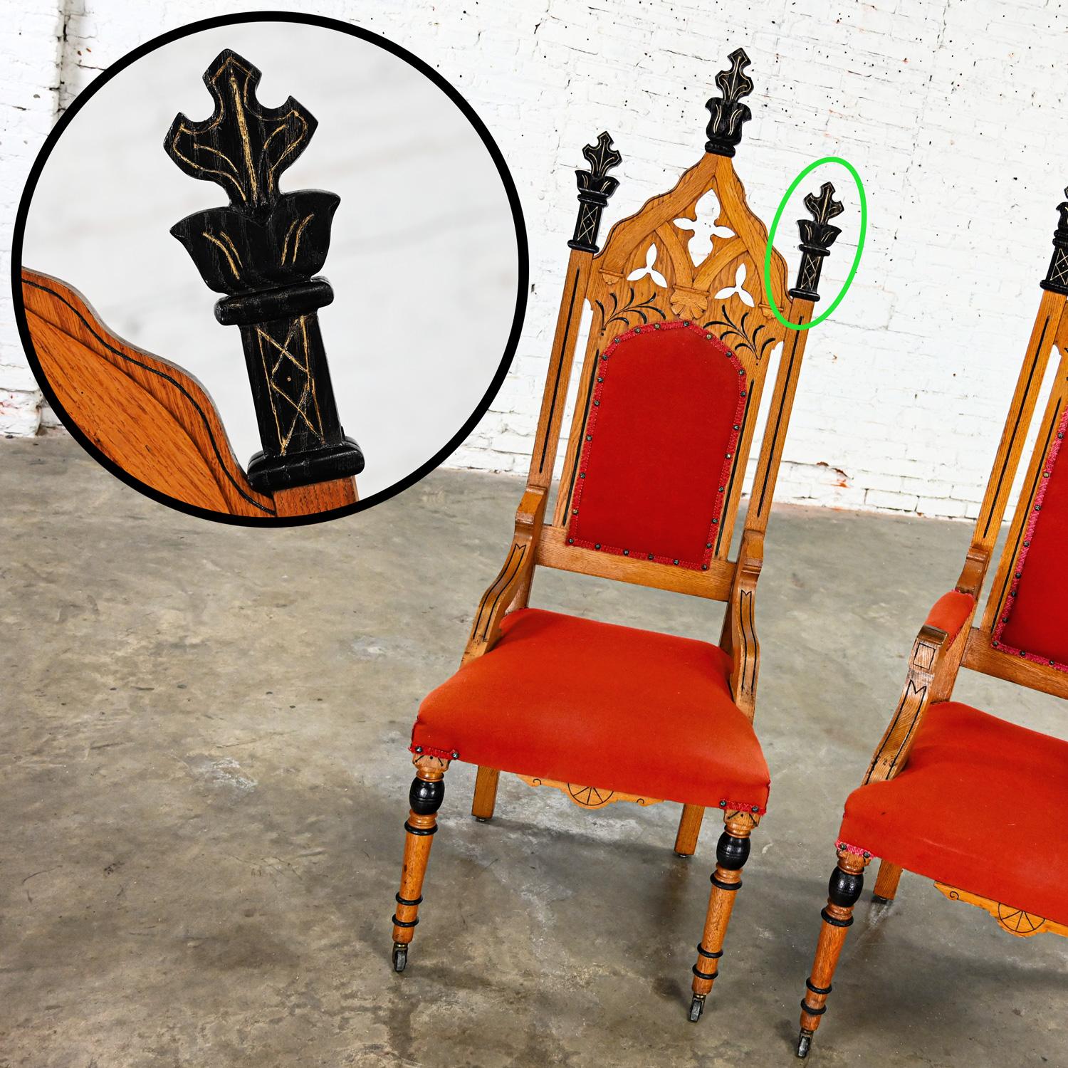 Oak Victorian or Gothic Revival Ecclesiastical His & Hers Throne Chairs a Pair For Sale 8
