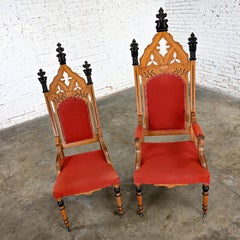 Oak Victorian or Gothic Revival Ecclesiastical His & Hers Throne Chairs a Pair