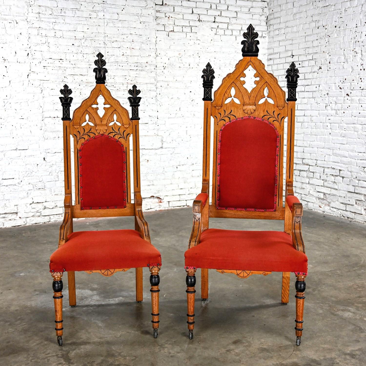 Oak Victorian or Gothic Revival Ecclesiastical His & Hers Throne Chairs a Pair For Sale 11