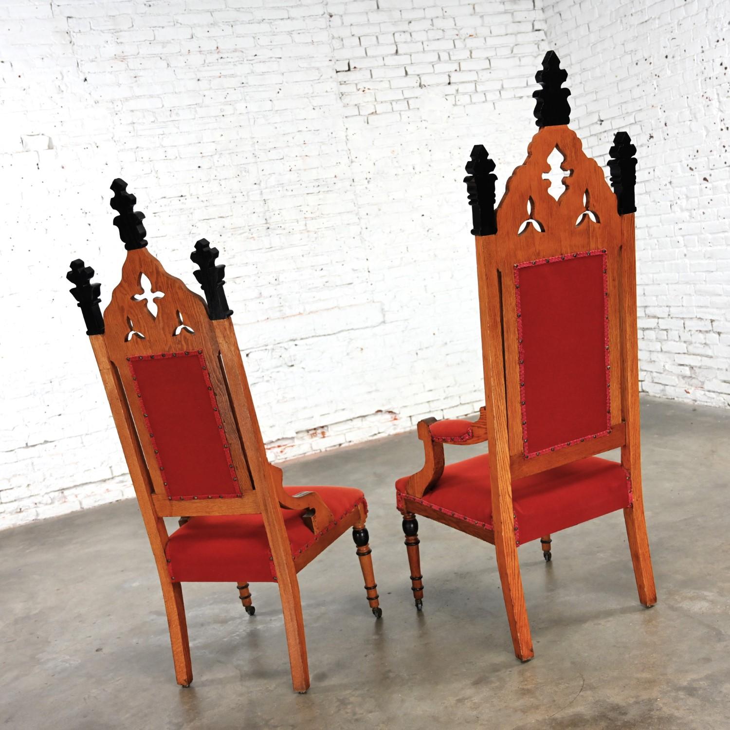 Unknown Oak Victorian or Gothic Revival Ecclesiastical His & Hers Throne Chairs a Pair For Sale