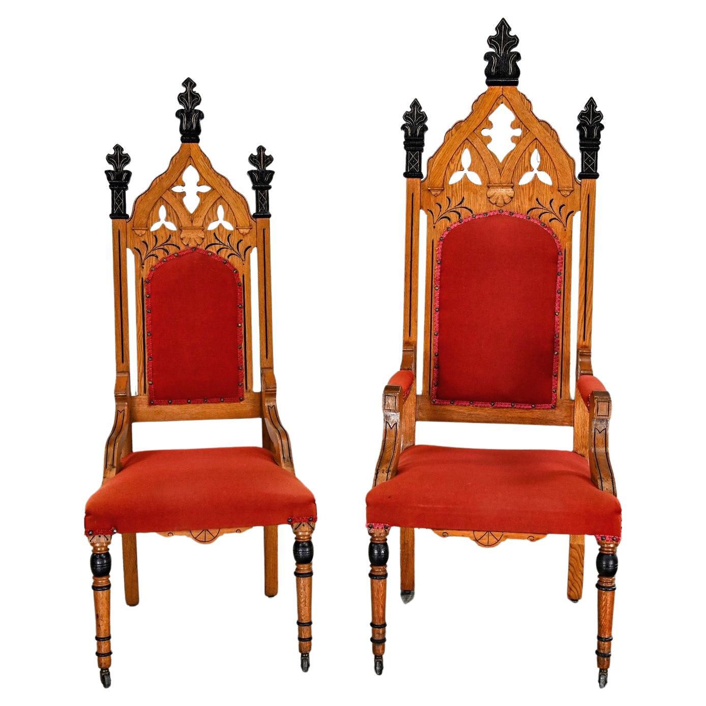 Oak Victorian or Gothic Revival Ecclesiastical His & Hers Throne Chairs a Pair For Sale