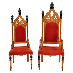 Oak Victorian or Gothic Revival Ecclesiastical His & Hers Throne Chairs a Pair