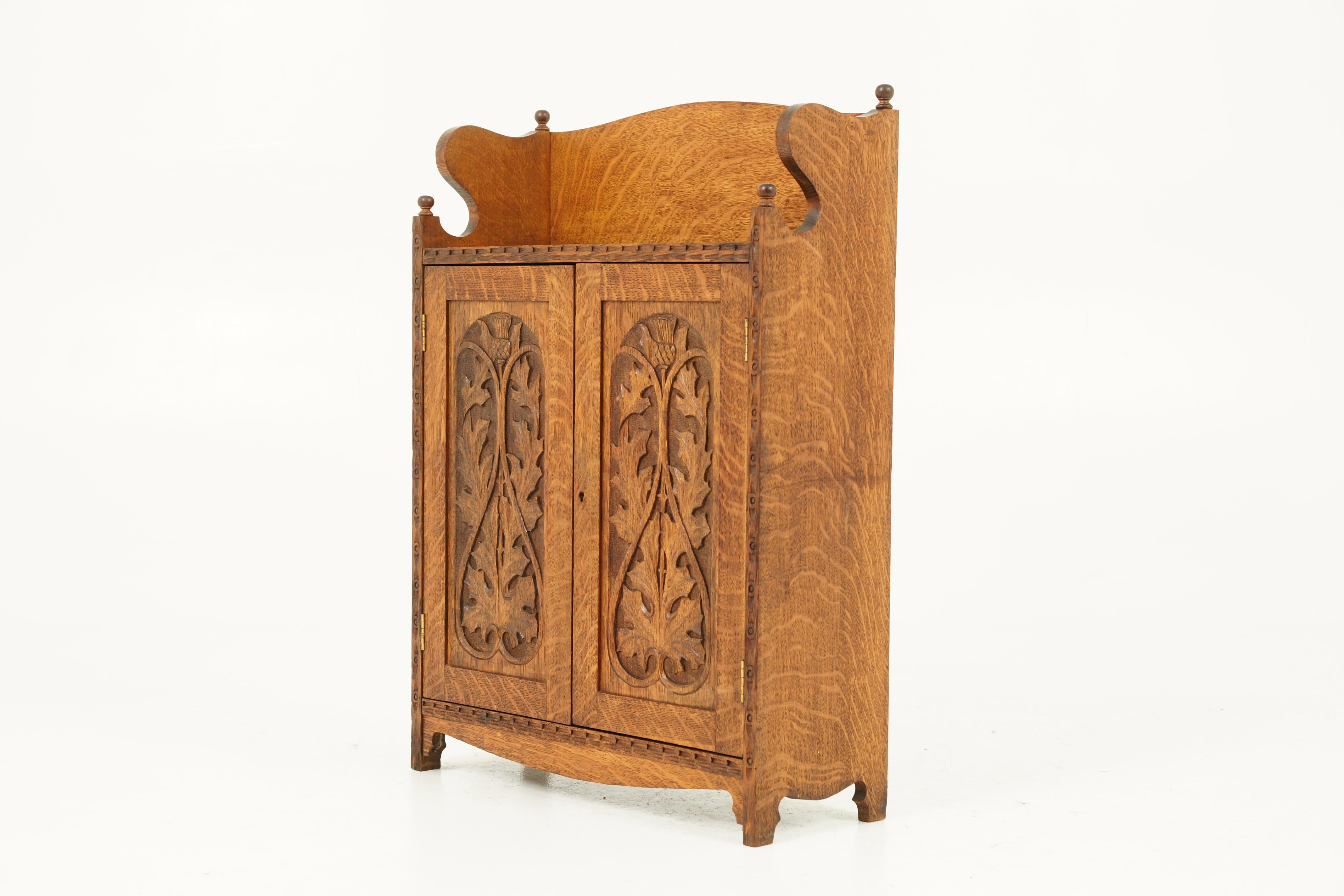 Hand-Carved Antique Wall Cabinet, Carved Medicine Cabinet, Tiger Oak, Scotland 1910, B1716 