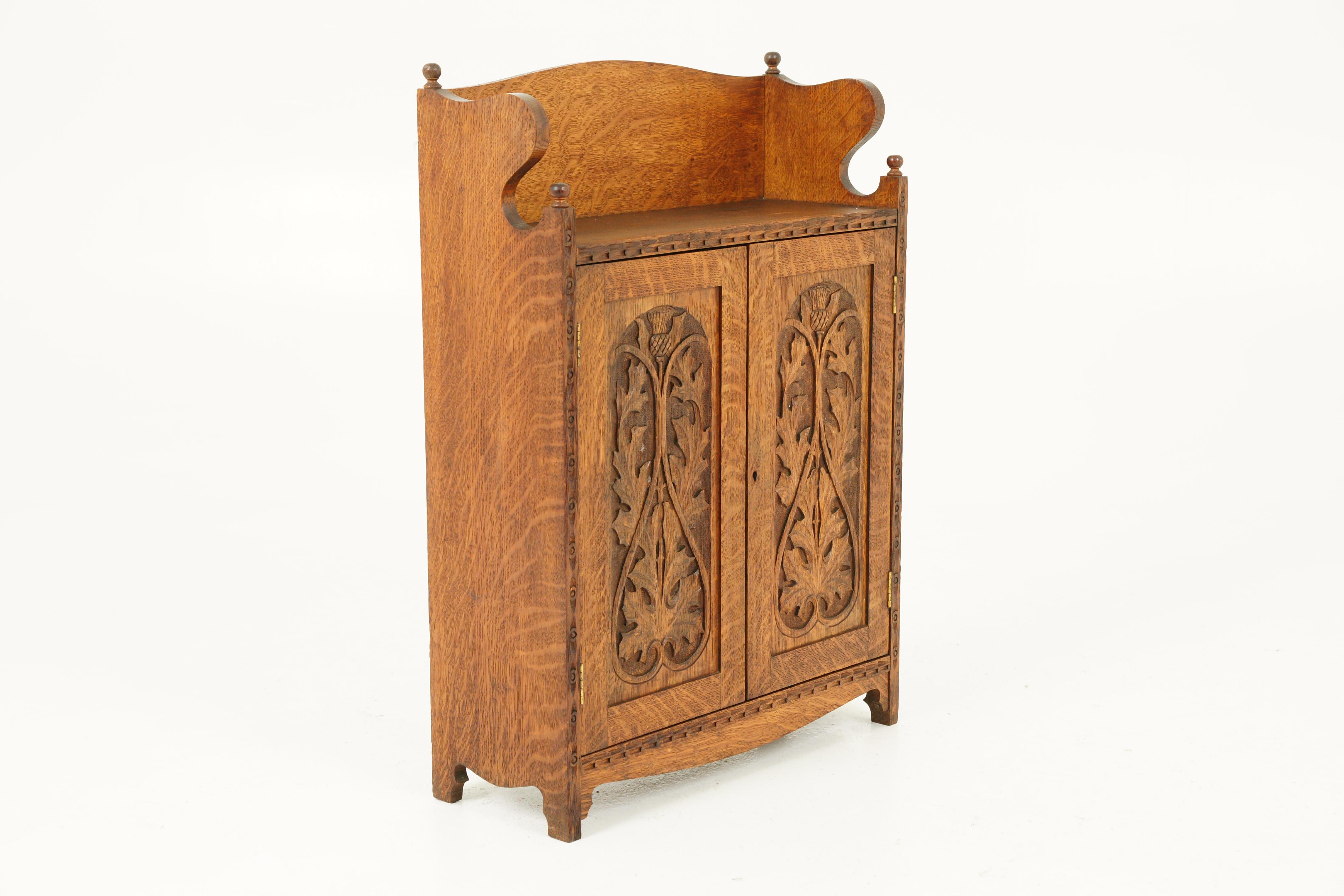 Early 20th Century Antique Wall Cabinet, Carved Medicine Cabinet, Tiger Oak, Scotland 1910, B1716 