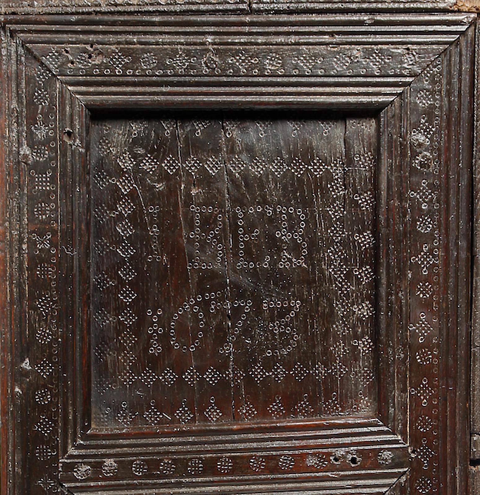 Carved Oak Wall Cupboard, Charles II period. English, Yorkshire, Dated 1673
