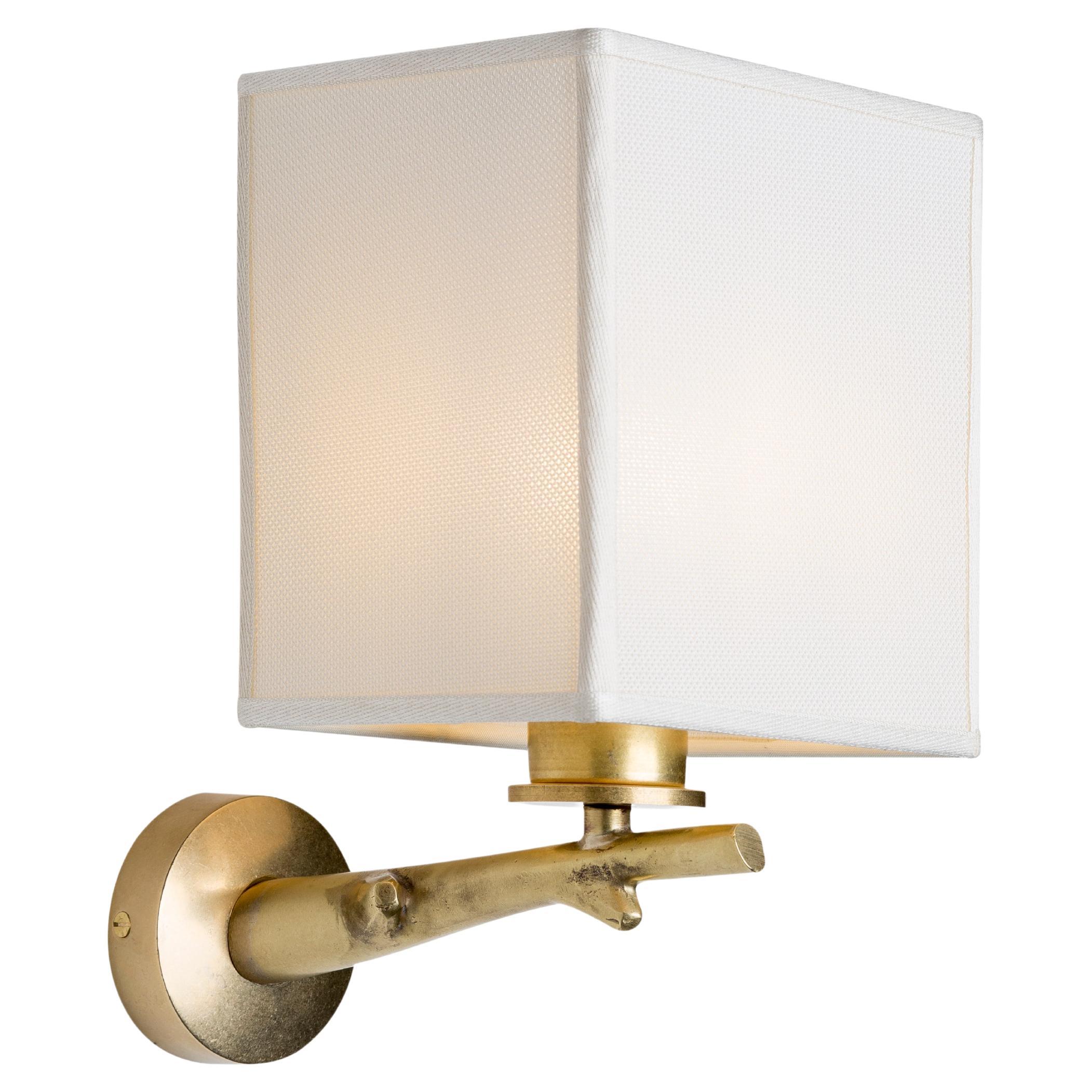 Oak wall light with casting brass structure and fabric lamp shade For Sale