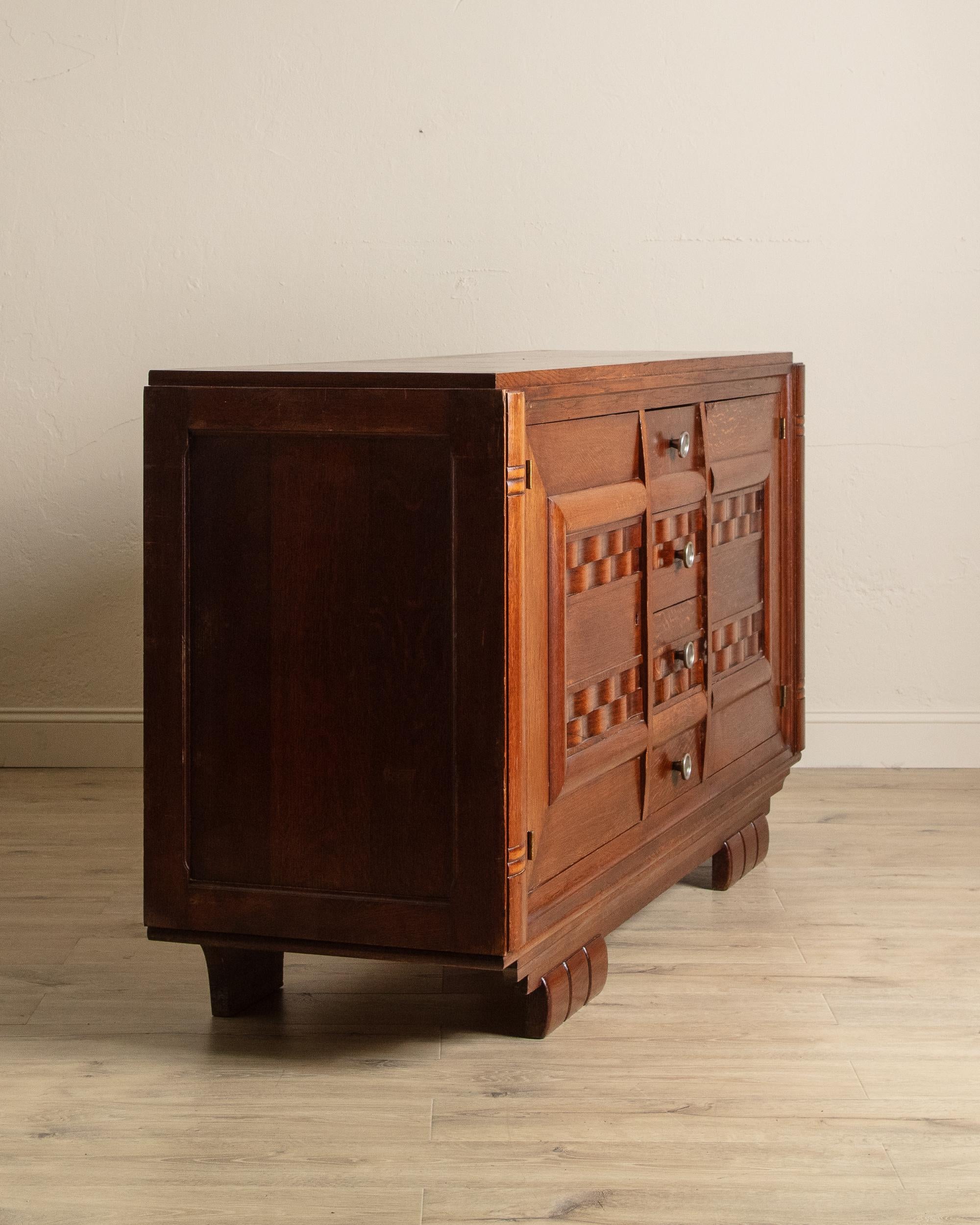 Carved Oak Wave Front Sideboard Manner of Charles Dudouyt, France, 1940's For Sale