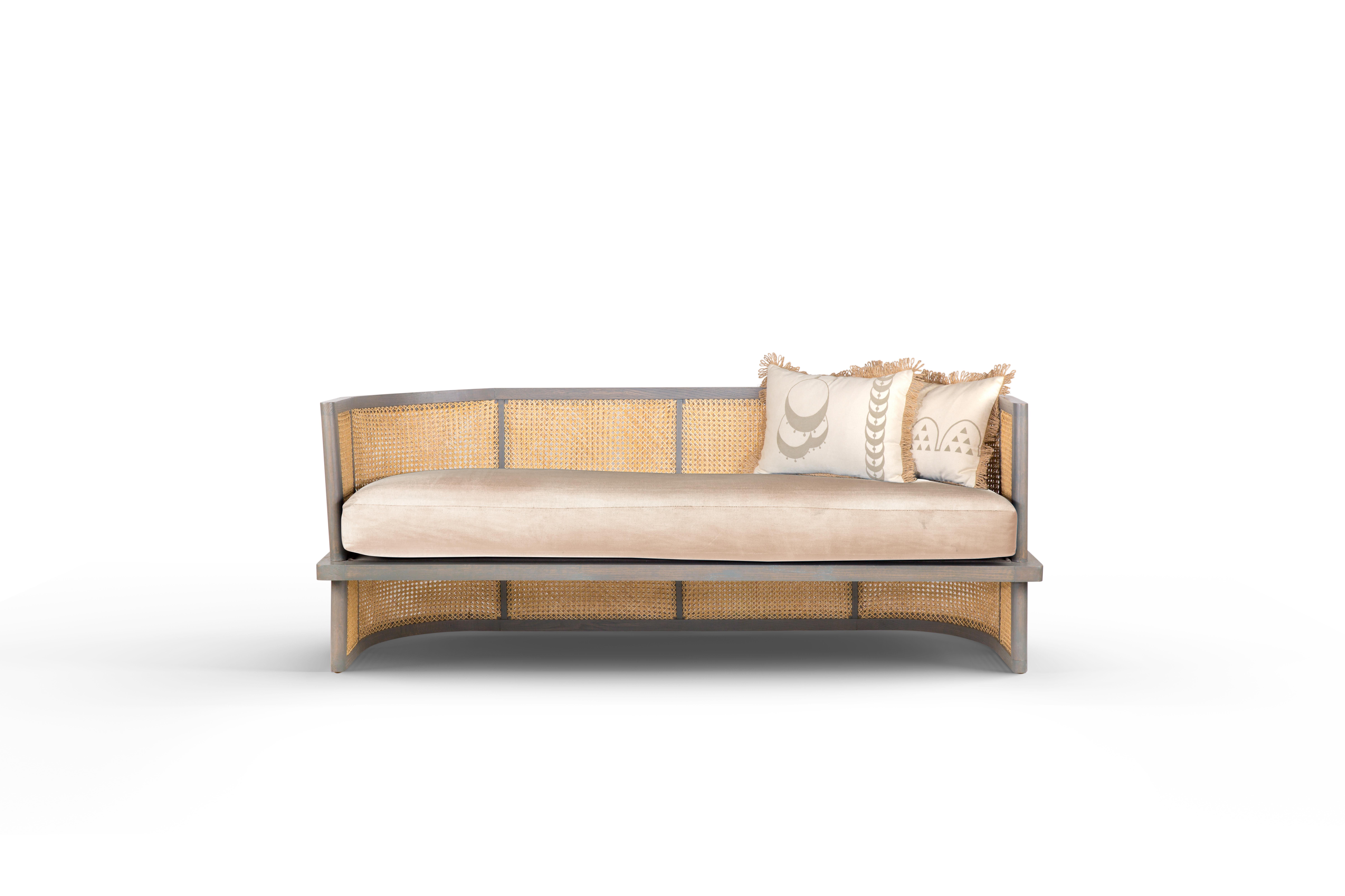 Egyptian Oak Wood and Cané 2-Seater Sofa with Velvet Upholstery