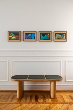 Contemporary oak wood  curved round green leather bench