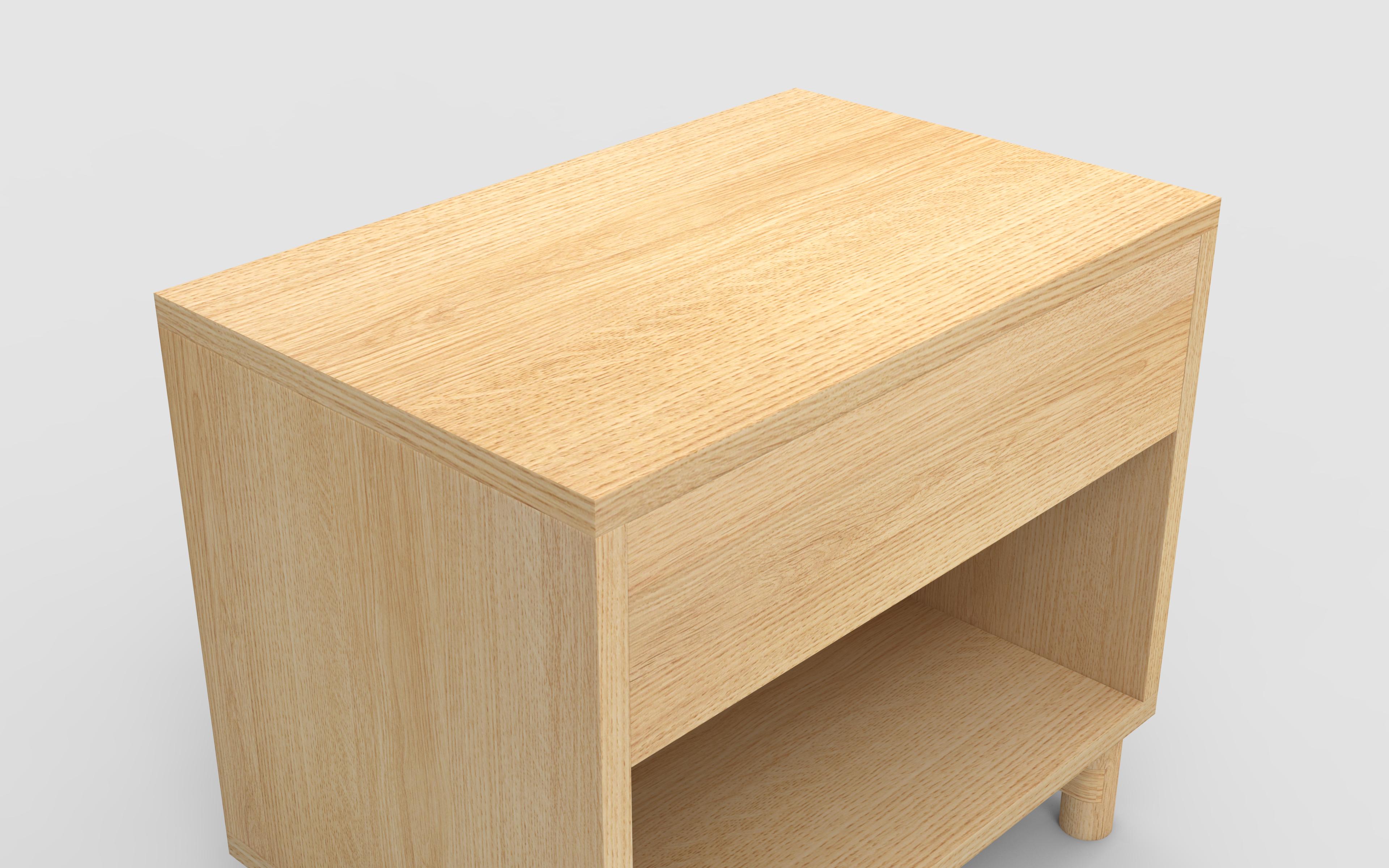 Nachttisch aus Eicheholz mit einer „1“ Schublade und einem unteren Regal aus Eiche in Klarlack (Gebeizt) im Angebot