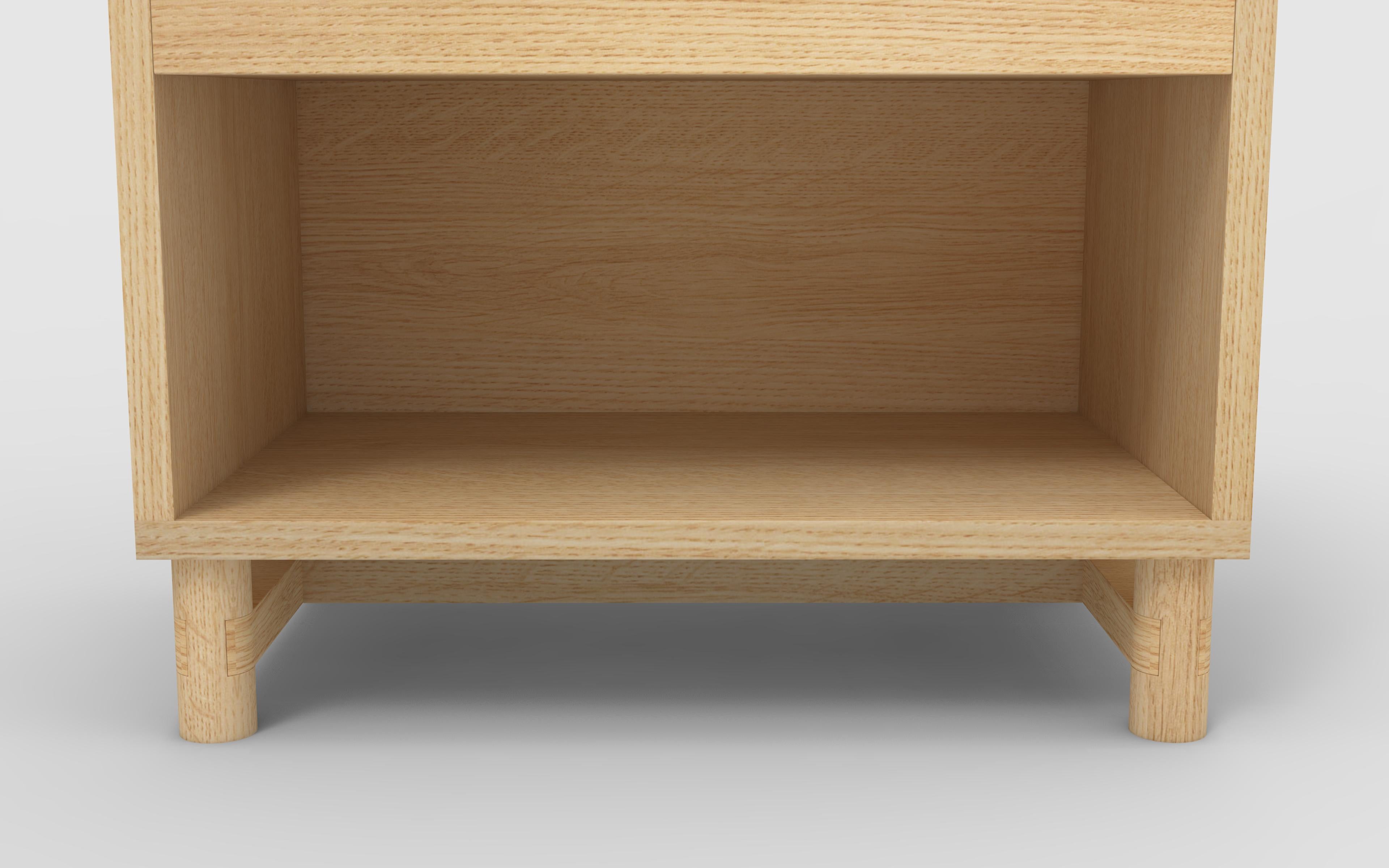 Hand-Carved Oak Wood Bedside Table with Drawer and Bottom Shelf in Oak Clear Lacquer For Sale