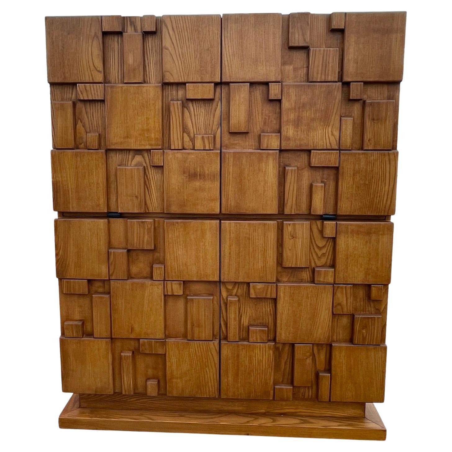 Oak Wood Brutalist Design Four Door Cabinet, Italy, 1980s For Sale
