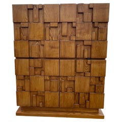 Oak Wood Brutalist Design Four Door Cabinet, Italy, 1980s