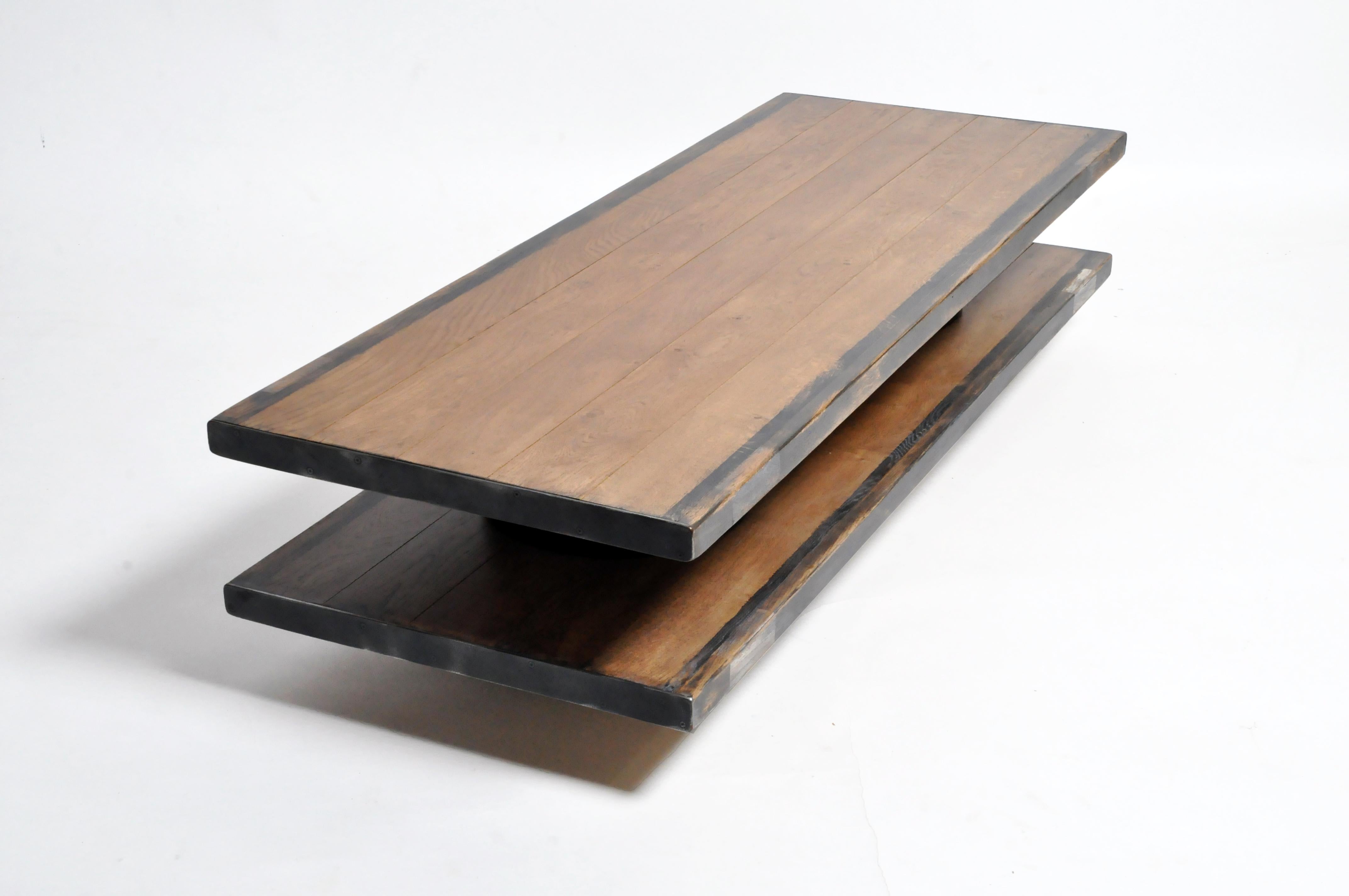 Contemporary Oak Wood Coffee Table with Metal Trim