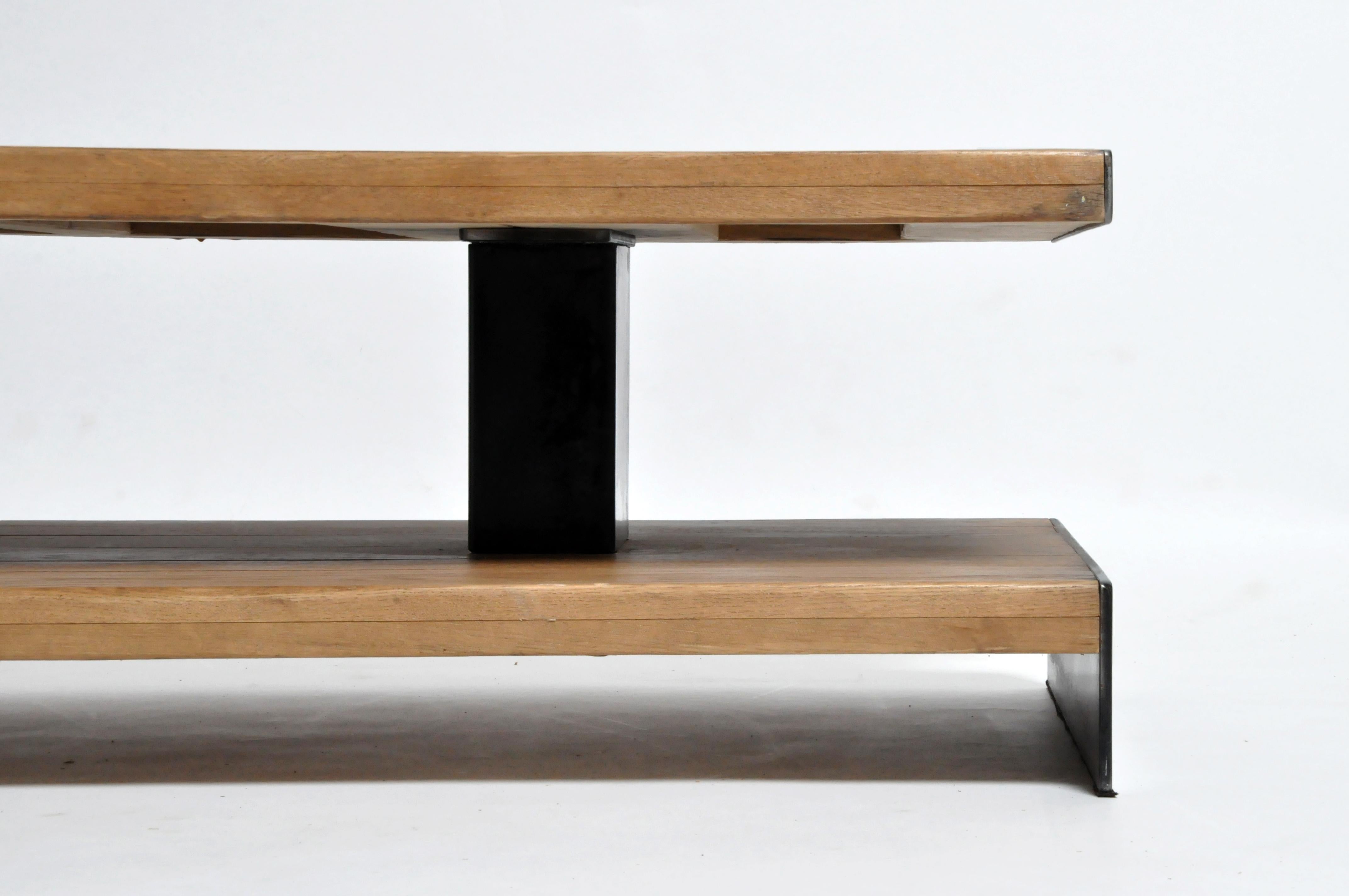 Contemporary Oak Wood Coffee Table with Metal Trim