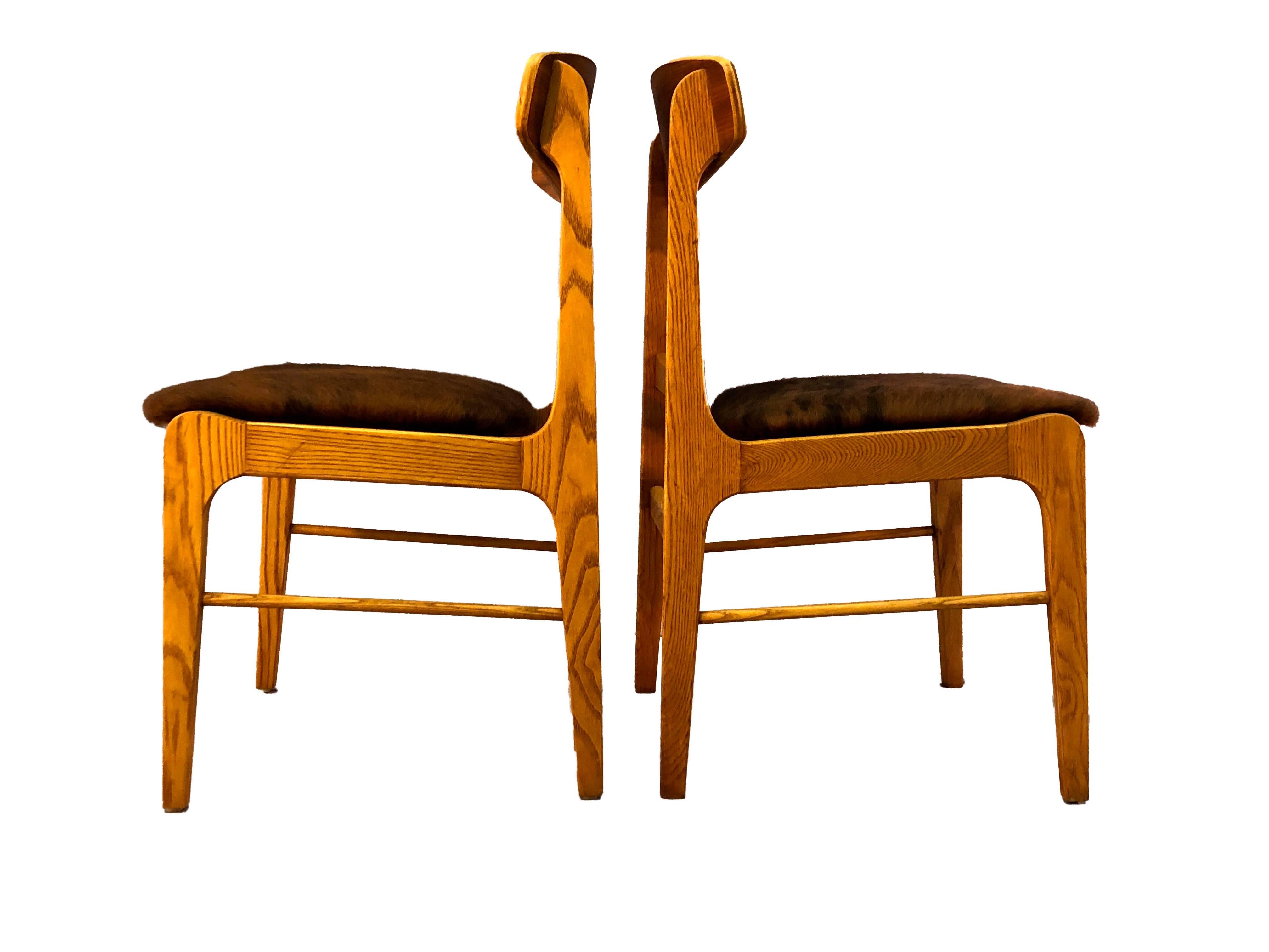 Oak Wood Dining Chairs with Cowhide, Pair For Sale 1