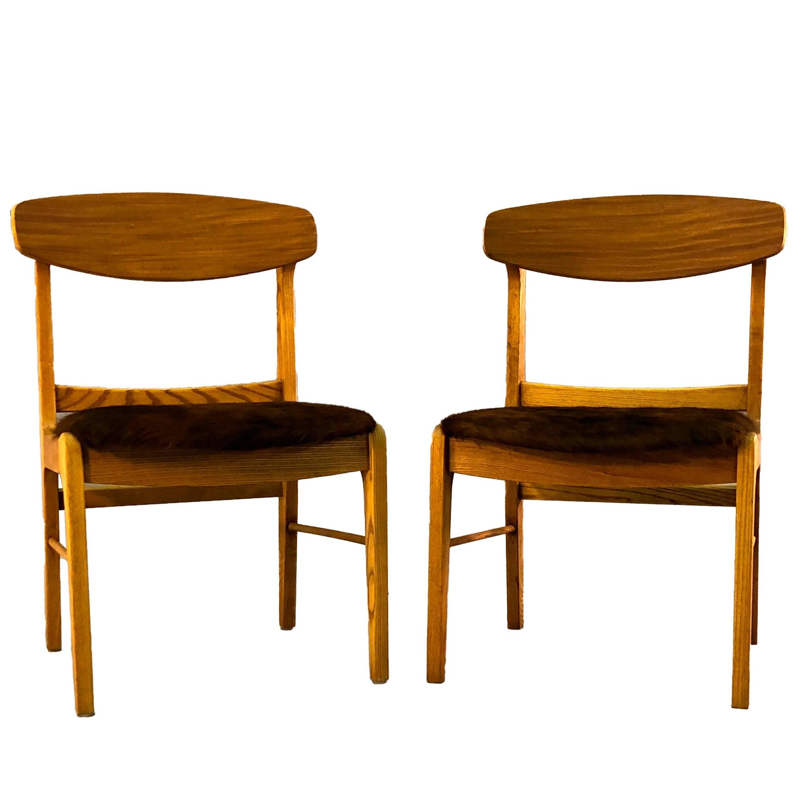 Oak Wood Dining Chairs with Cowhide, Pair For Sale