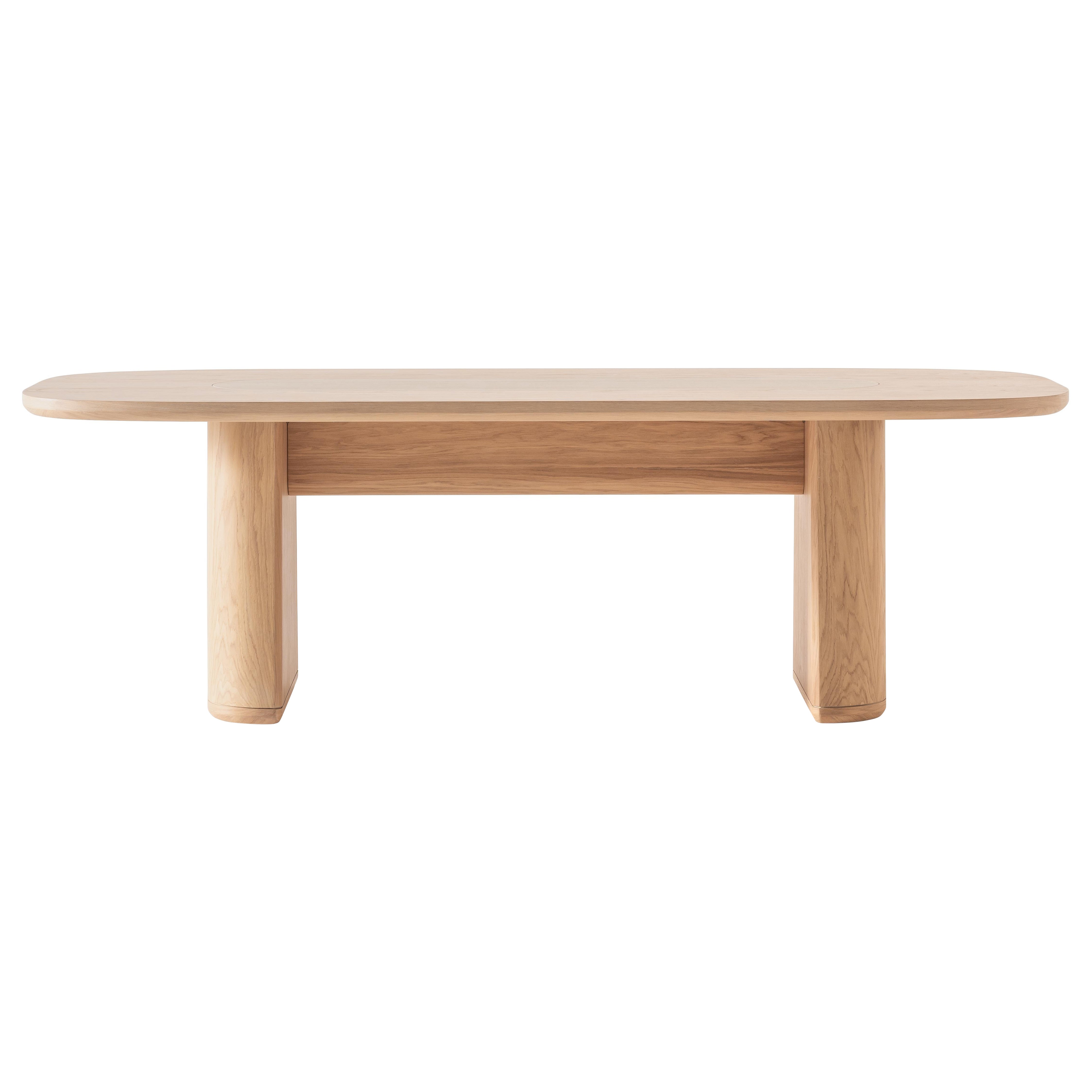 OAK Wood Dining Table with Travertine-Texture Porcelain 90 W x 38 D x 30 H in For Sale