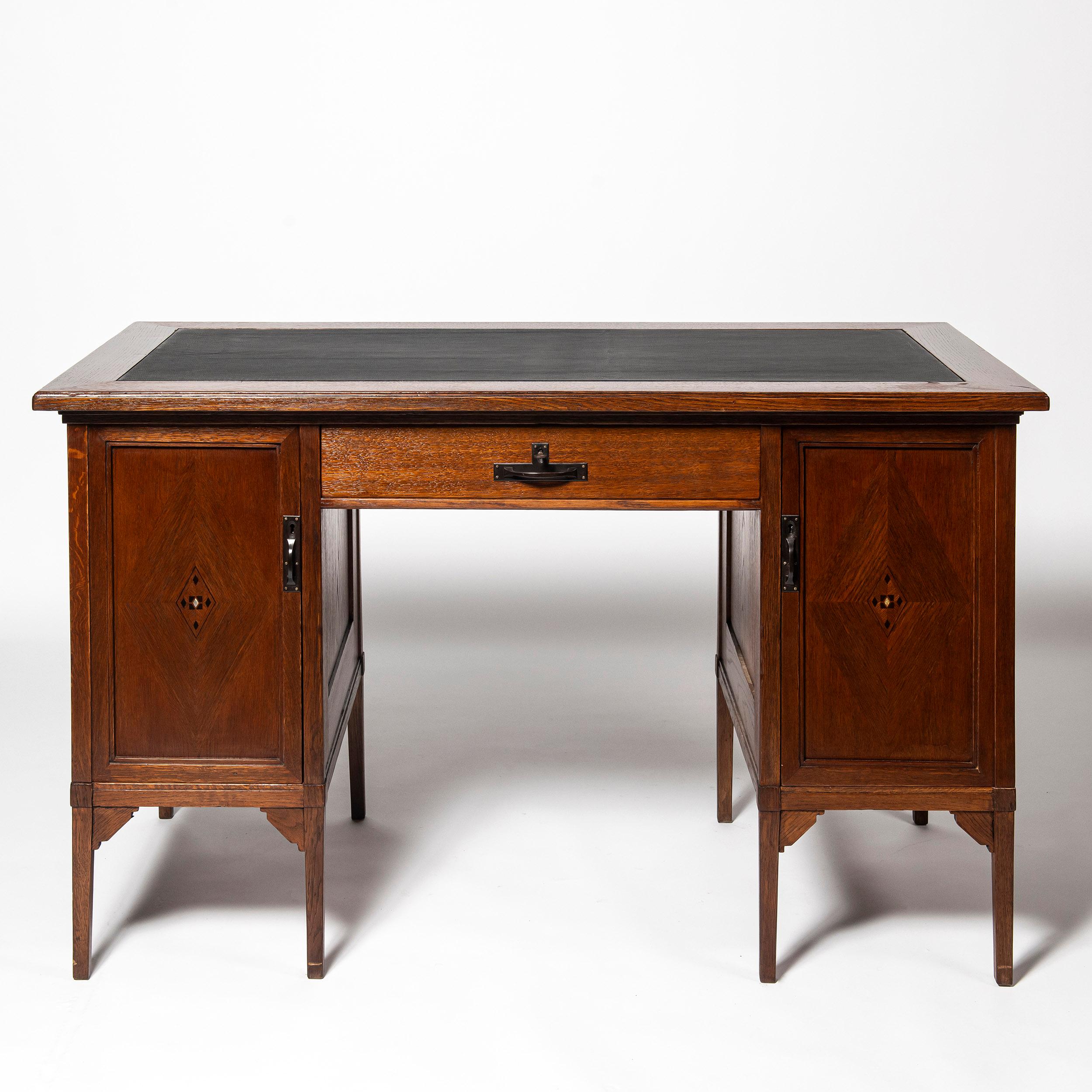 Arts and Crafts Oak Wood, Iron and Leather Desk, Scotland, Early 20th Century