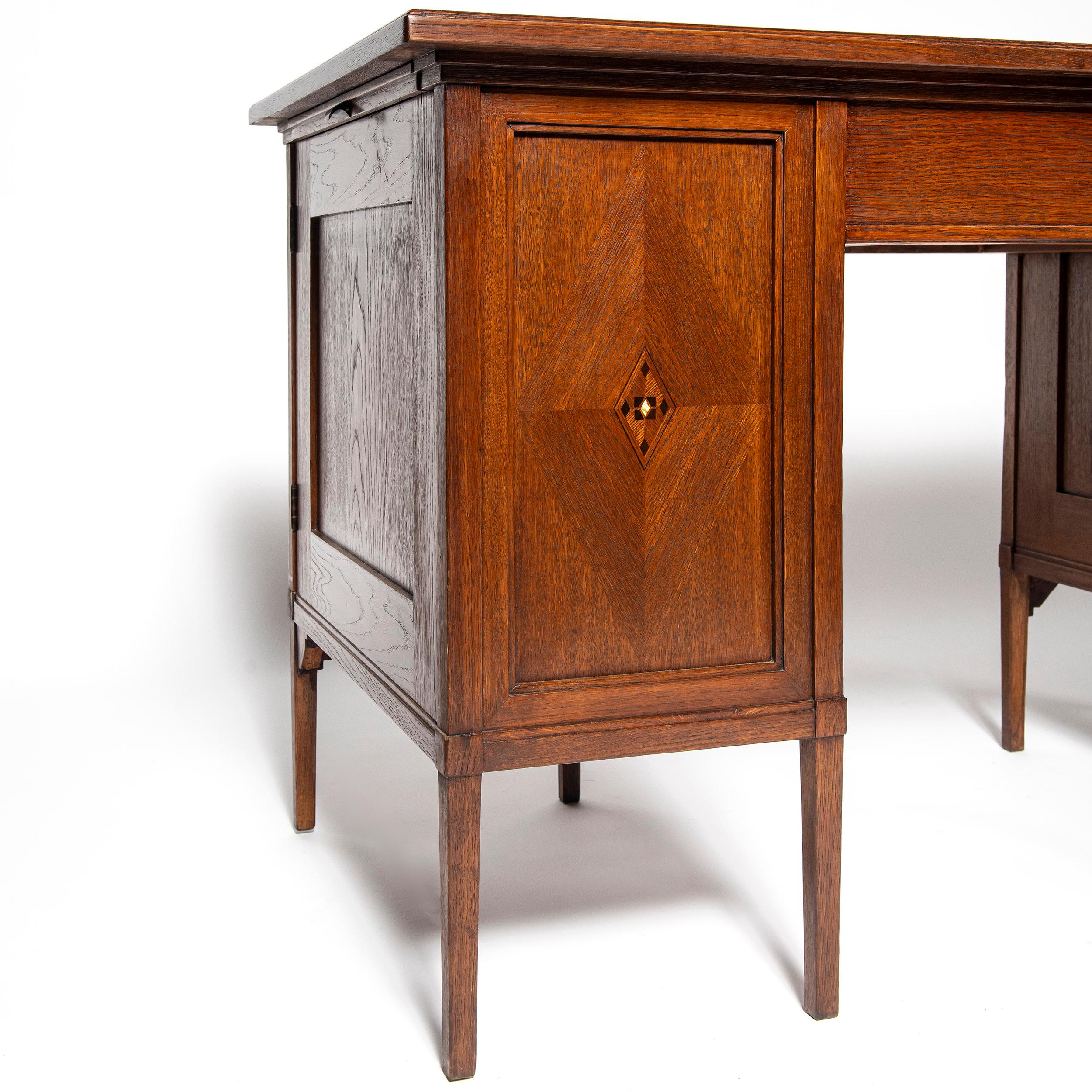 Marquetry Oak Wood, Iron and Leather Desk, Scotland, Early 20th Century