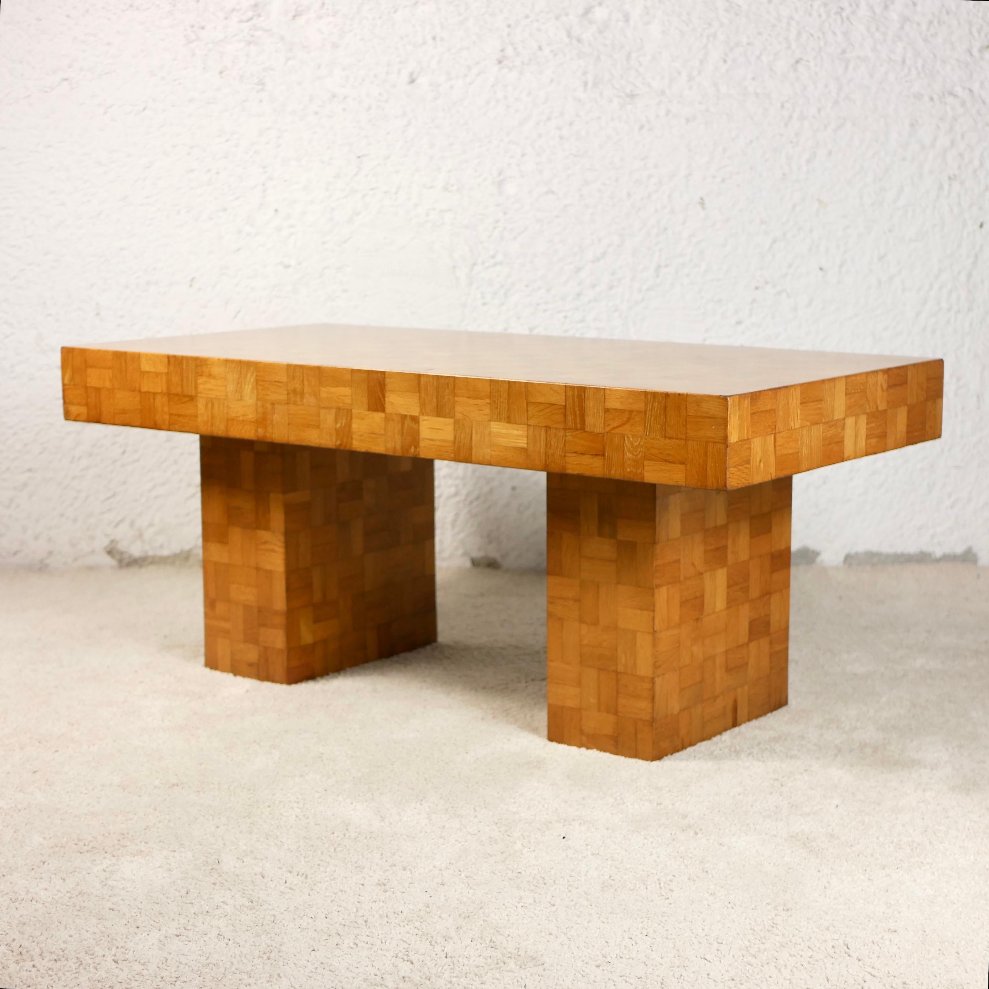 European Oak Wood Marquetry Coffee Table from the 1970s