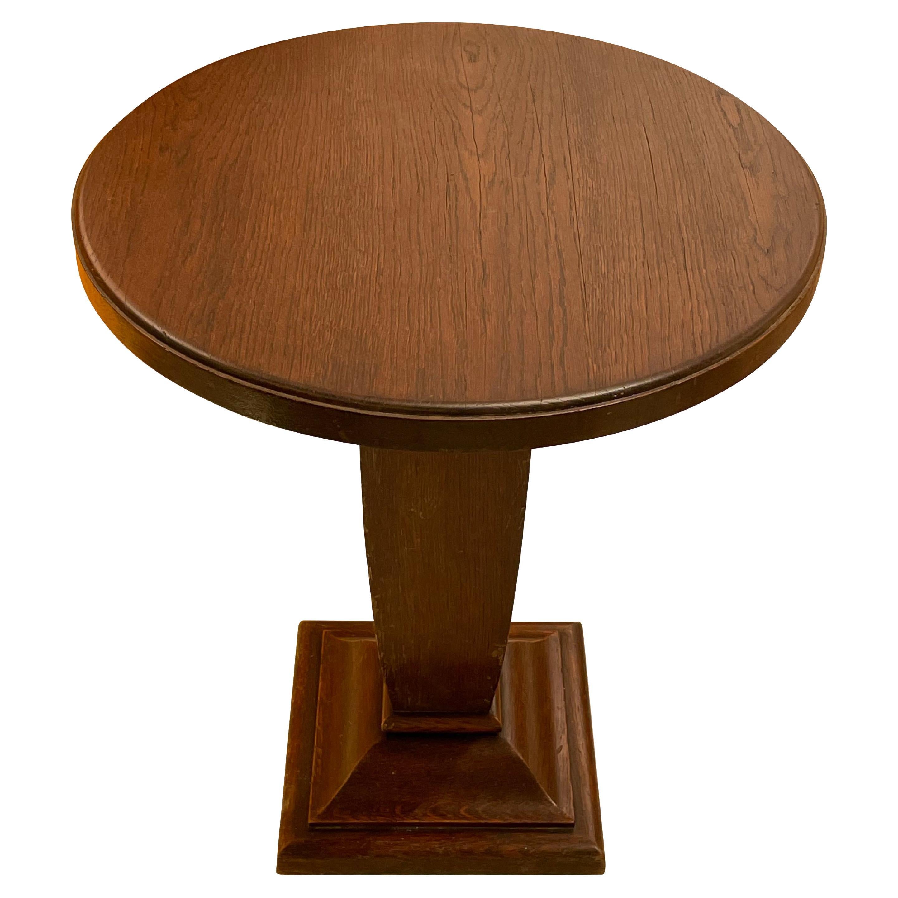 Mid century French round top side table with elongated sphere shaped column
Supporting the round top.
Oak wood.
Stepped square column base.
Arriving April.