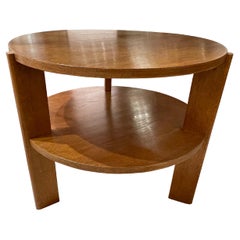 Oak Wood Round Two Tier Side Table, France, Mid Century