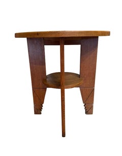 Oak Wood Shelved Saw Leg Design Round Side Table, France, 1950s