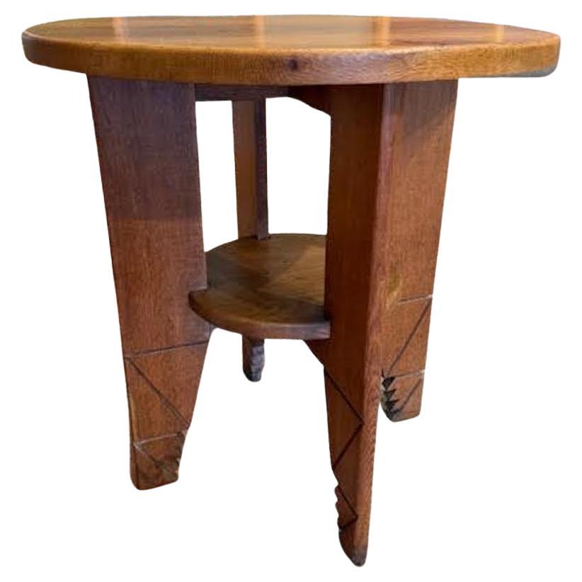 Oak Wood Shelved Saw Leg Design Round Side Table, France, 1950s