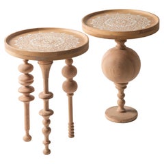 Oak Wood Side Table Set with Arabesque-Inspired Legs & Stenciled Mandala Motif 