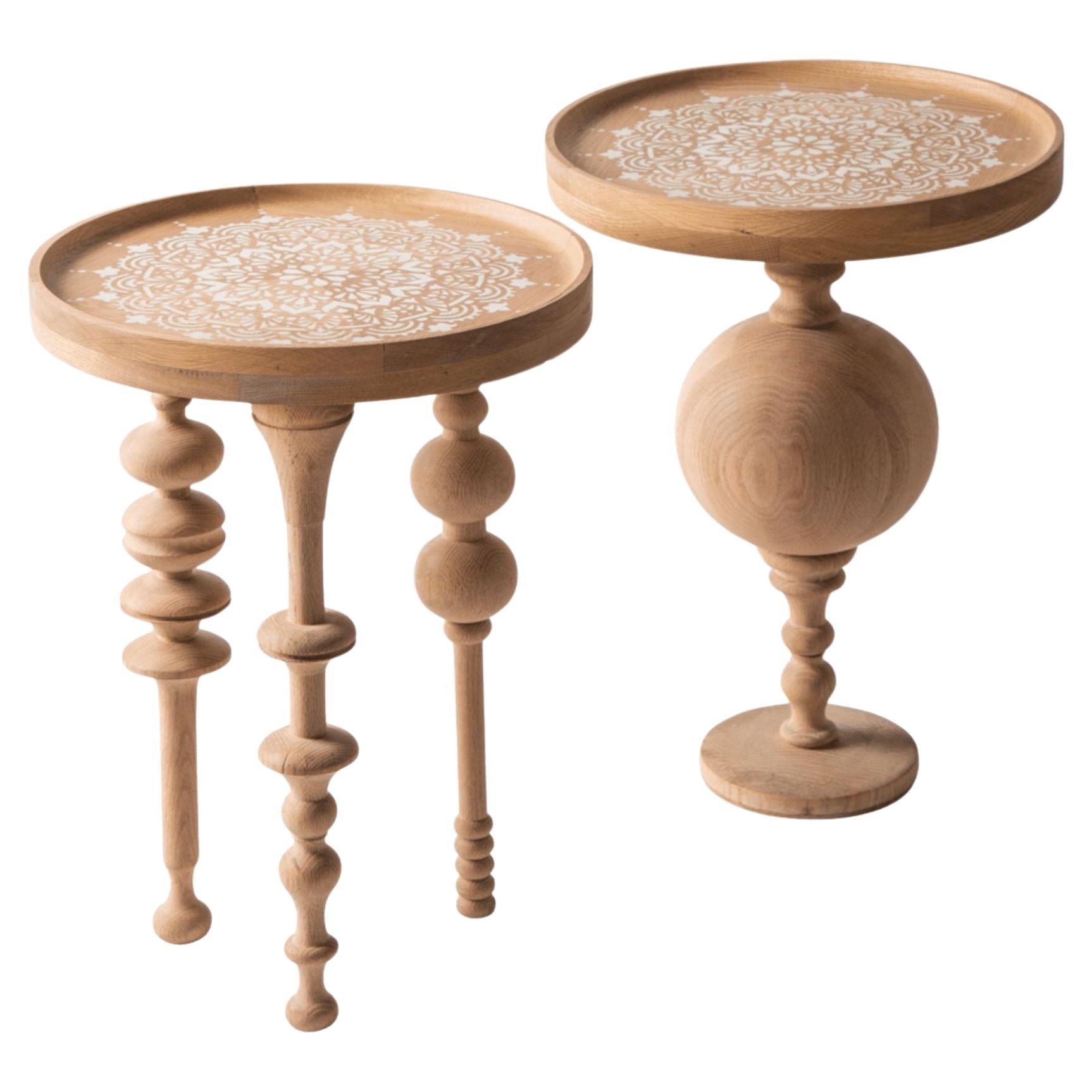 Oak Wood Side Table Set with Arabesque-Inspired Legs & Stenciled Mandala Motif