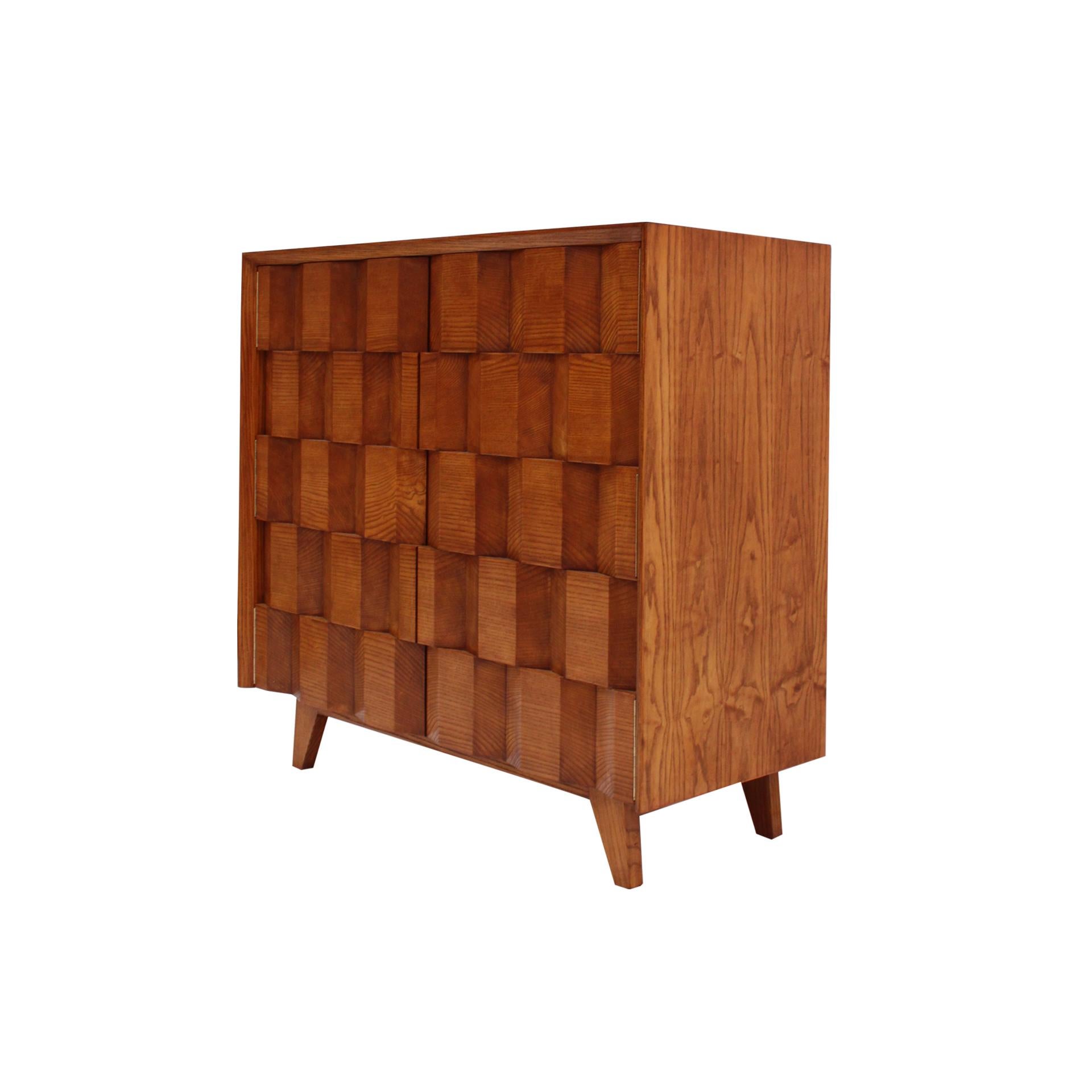 Faceted Sideboard Designed By L.A. Studio, Made With A Oak Wood Structure, Featuring Two Hinged Doors And A Glass Shelf Inside. Handcrafted In Italy.

It can also be used as a bar.

Every item LA Studio offers is checked by our team of 10 craftsmen