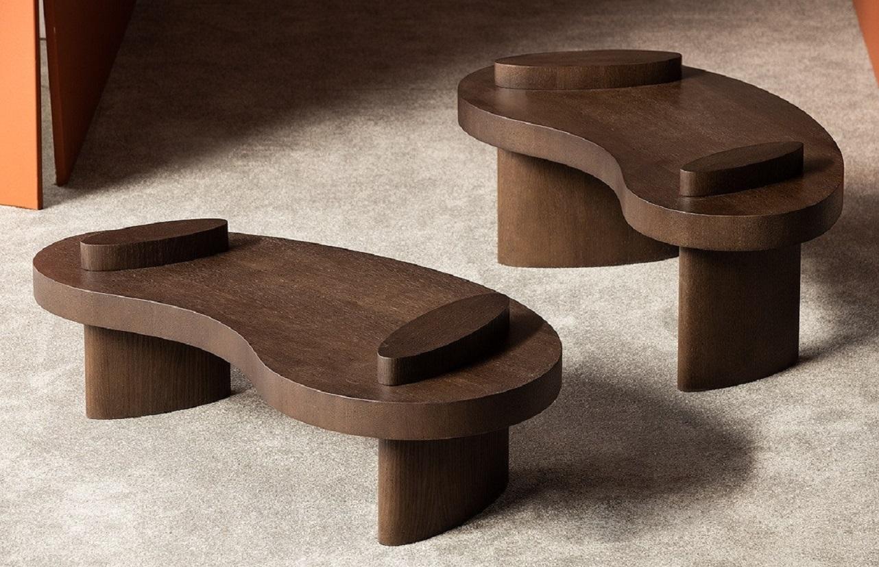 Contemporary Oak Wood Veneer Coffee Table Set For Sale