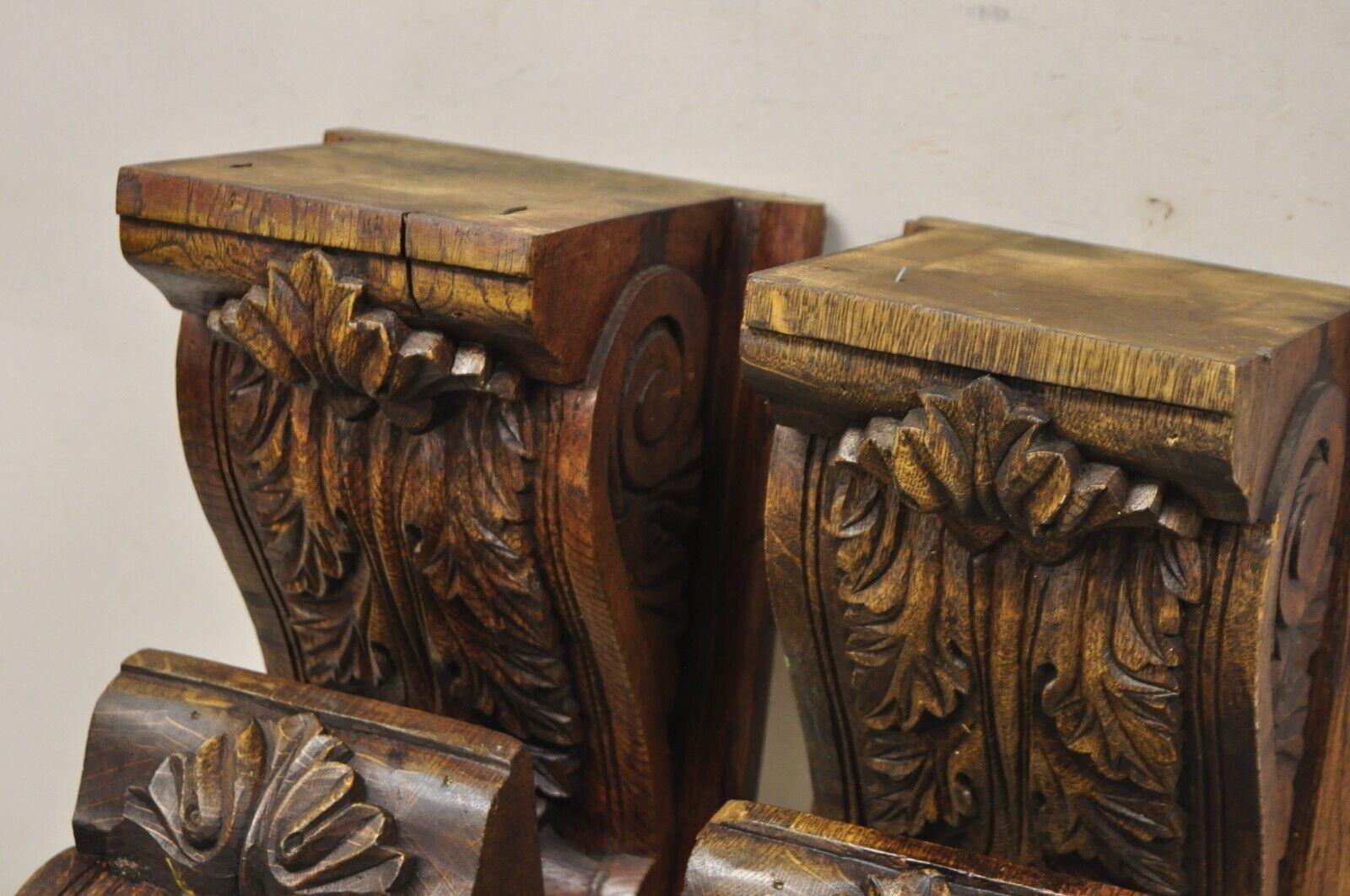 Oak Wood Victorian Style Leafy Scroll Corbels Bracket Wall Shelf - Set of 4 For Sale 1