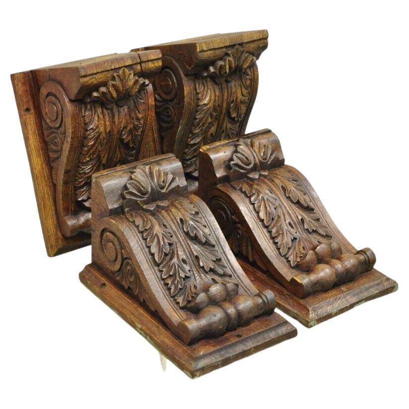 Oak Wood Victorian Style Leafy Scroll Corbels Bracket Wall Shelf - Set of 4 For Sale