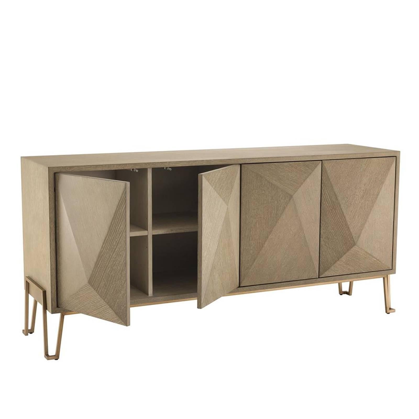Sparkling and sophisticated sideboard with graphic brass feet and four doors oak wooden diamond shaped opened on shelves.