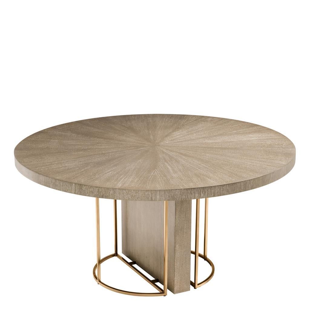 Mid-Century Modern Oak Wooden and Brass Round Dining Pedestal Table For Sale