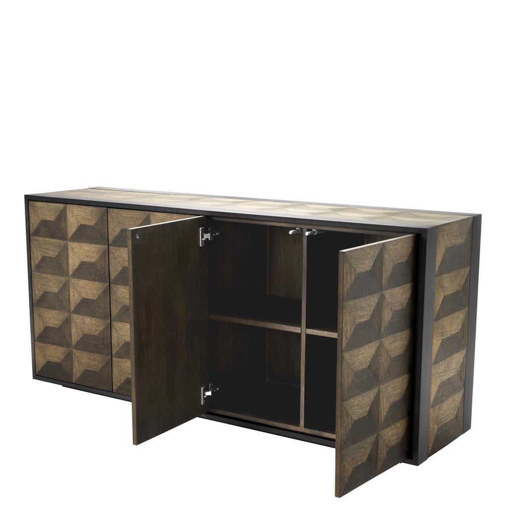 Sophisticated sideboard with pure lines, four graphic doors in oak wooden and diamond shaped opening on shelves. Brutalist and sober design, new item, never used.