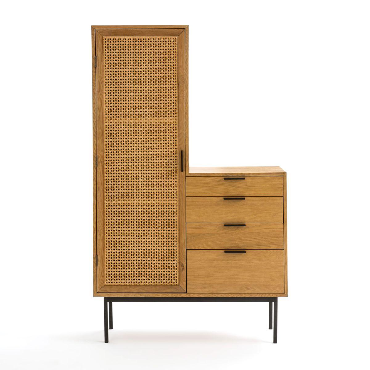 Oak wooden and braided rattan midcentury style and asymmetrical design chest of drawers composed of an oak wooden asymmetrical structure, subtle work of the graphic door adorned with woven cane rattan on the left dressing space, a chest of drawers