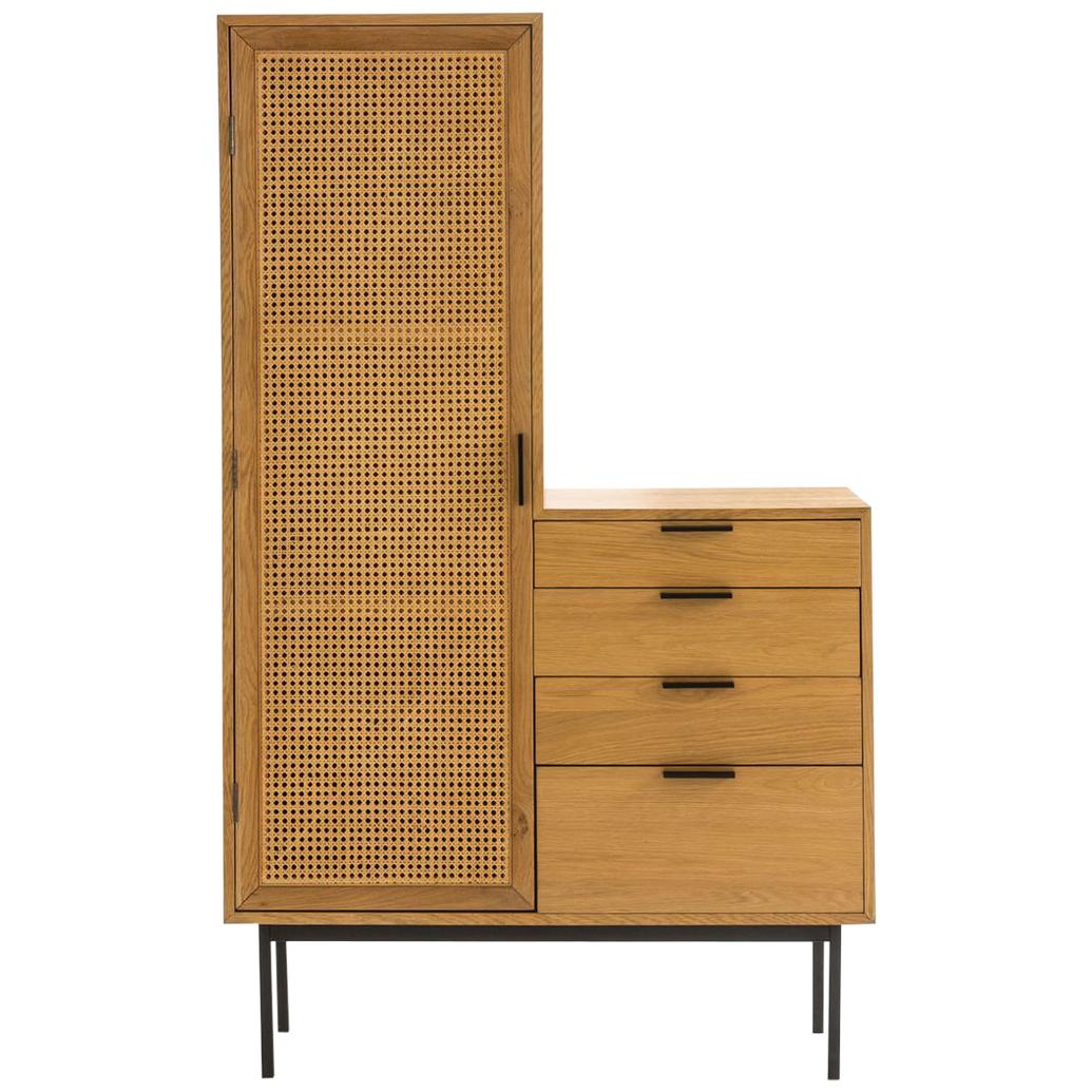 Oak Wooden and Woven Cane Rattan 1960s Design and Asymmetrical Chest of Drawers
