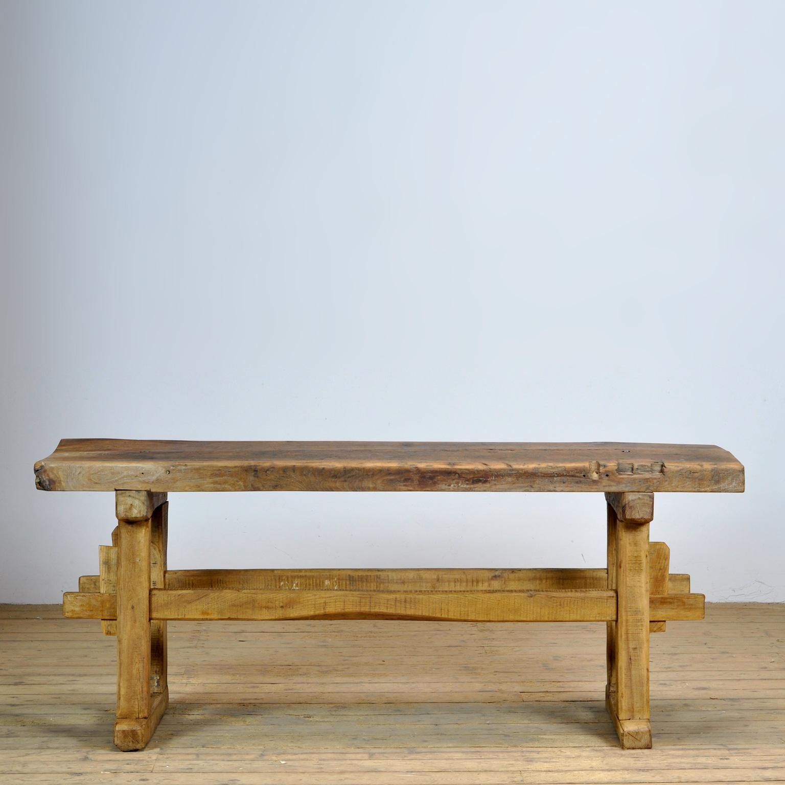 Oak work table from around 1930 produced in France. The top is 8 cm thick and made from one piece of wood. The table is demountable.