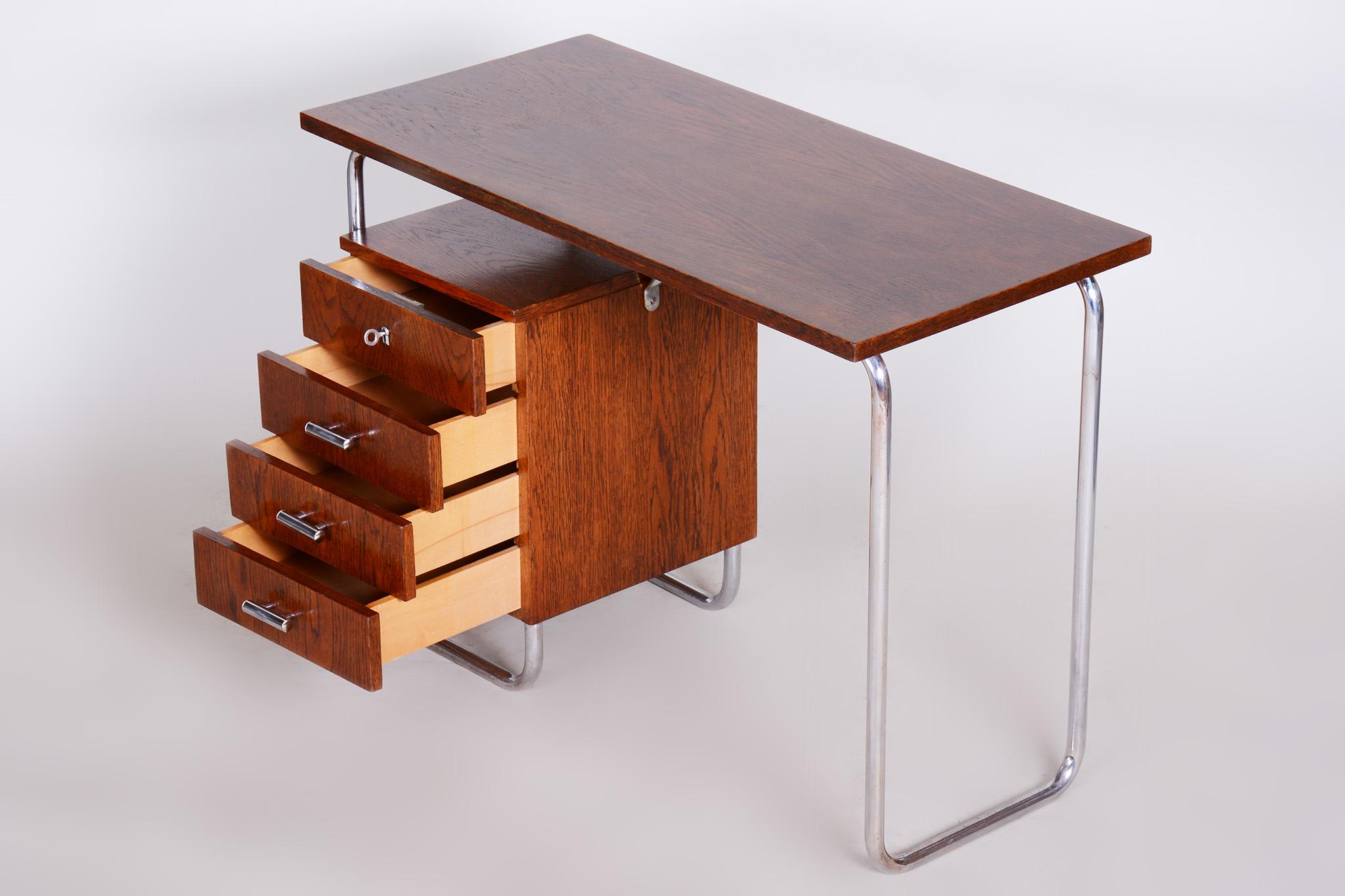 Oak Writing Desk Made in 1930s Czechia by Robert Slezak, Bauhaus Style, Restored 1