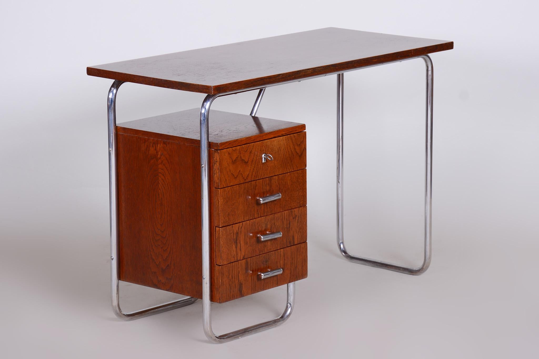 Oak Writing Desk Made in 1930s Czechia by Robert Slezak, Bauhaus Style, Restored 2