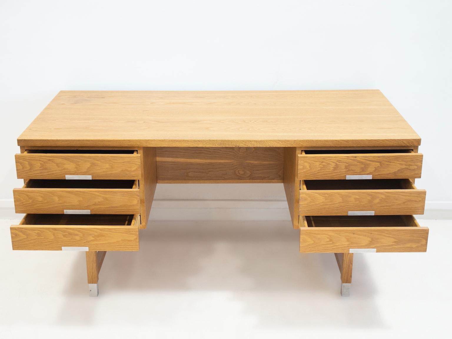 Danish Oak Writing Desk with Aluminum Details Attributed to Kai Kristiansen For Sale
